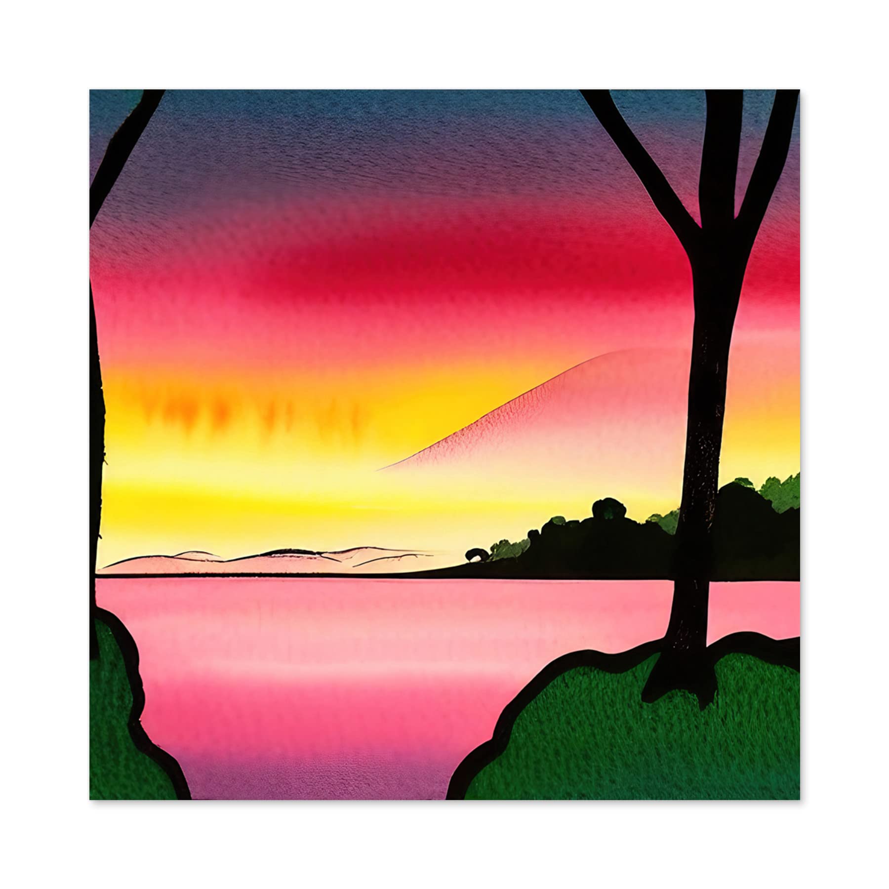Wee Blue Coo Lakeside Sunset Lake Landscape Black Ink And Watercolour Illustration Premium Wall Art Canvas Print 24X24 Inch
