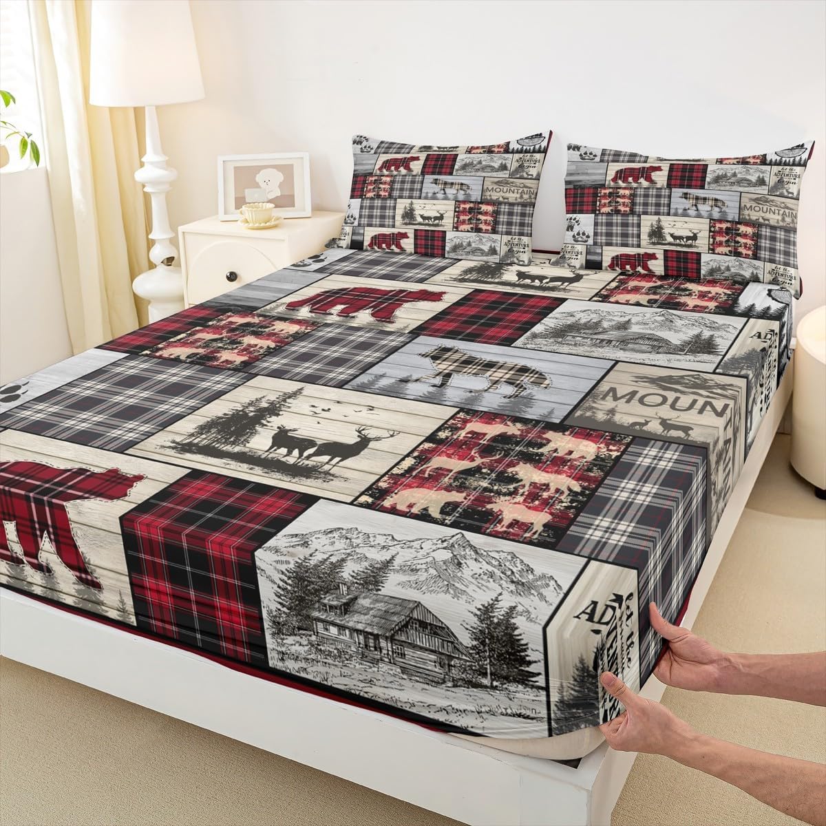 Rustic Cabin Bed Sheets Queen Woodland Wolf Deer Bear Sheet Set For Kids Adults,Red Black Buffalo Plaid Bedding Wildlife Camping Lodge Mountain Fitted Sheet Southwestern Farmhouse Flat Sheet 4 Pcs