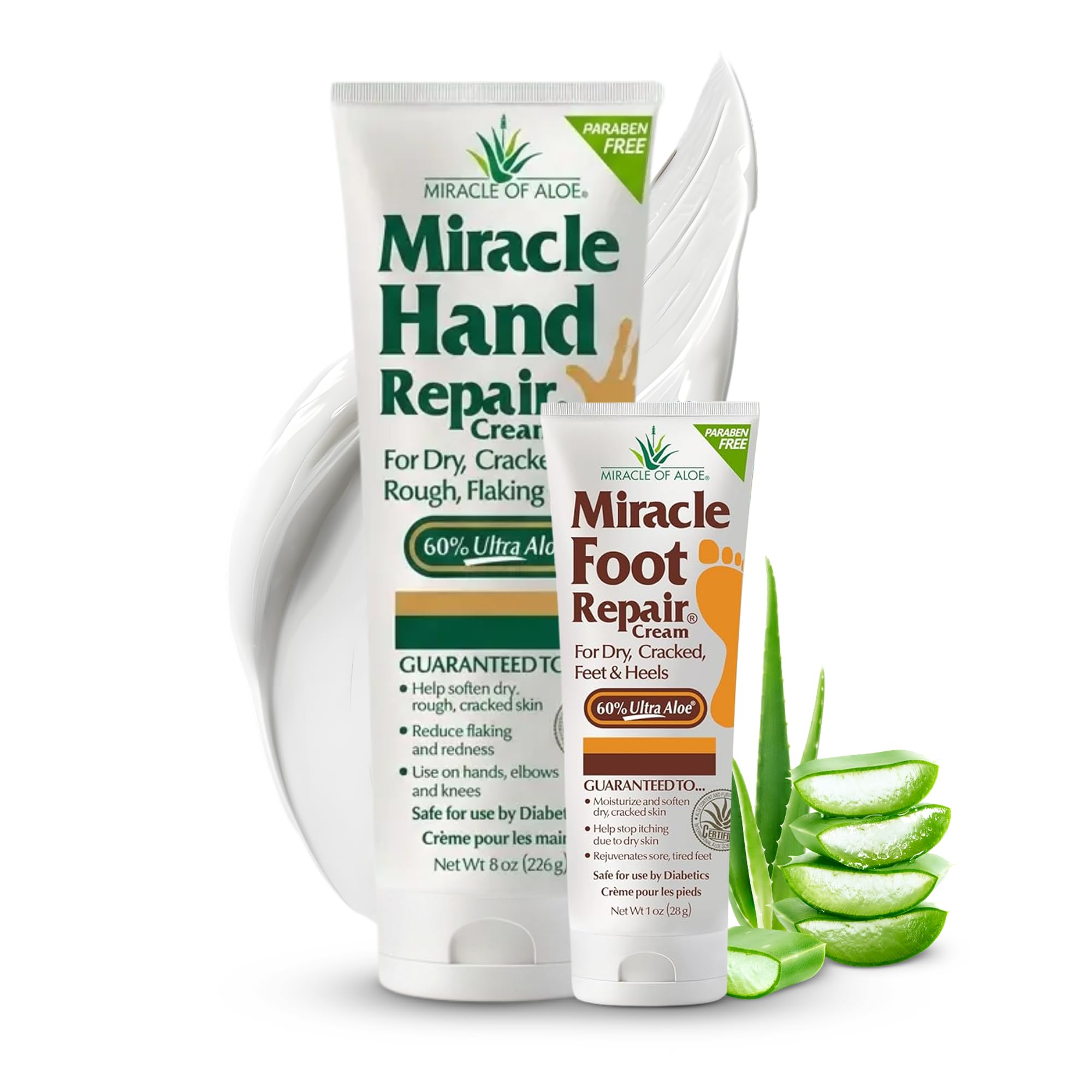 Miracle Hand Repair Cream 8 Oz, Miracle Foot Repair Cream 1 Oz Tube | Aloe Vera Hand & Foot Cream Set, 60% UltraAloe Gel, Fast Absorbing Non Greasy