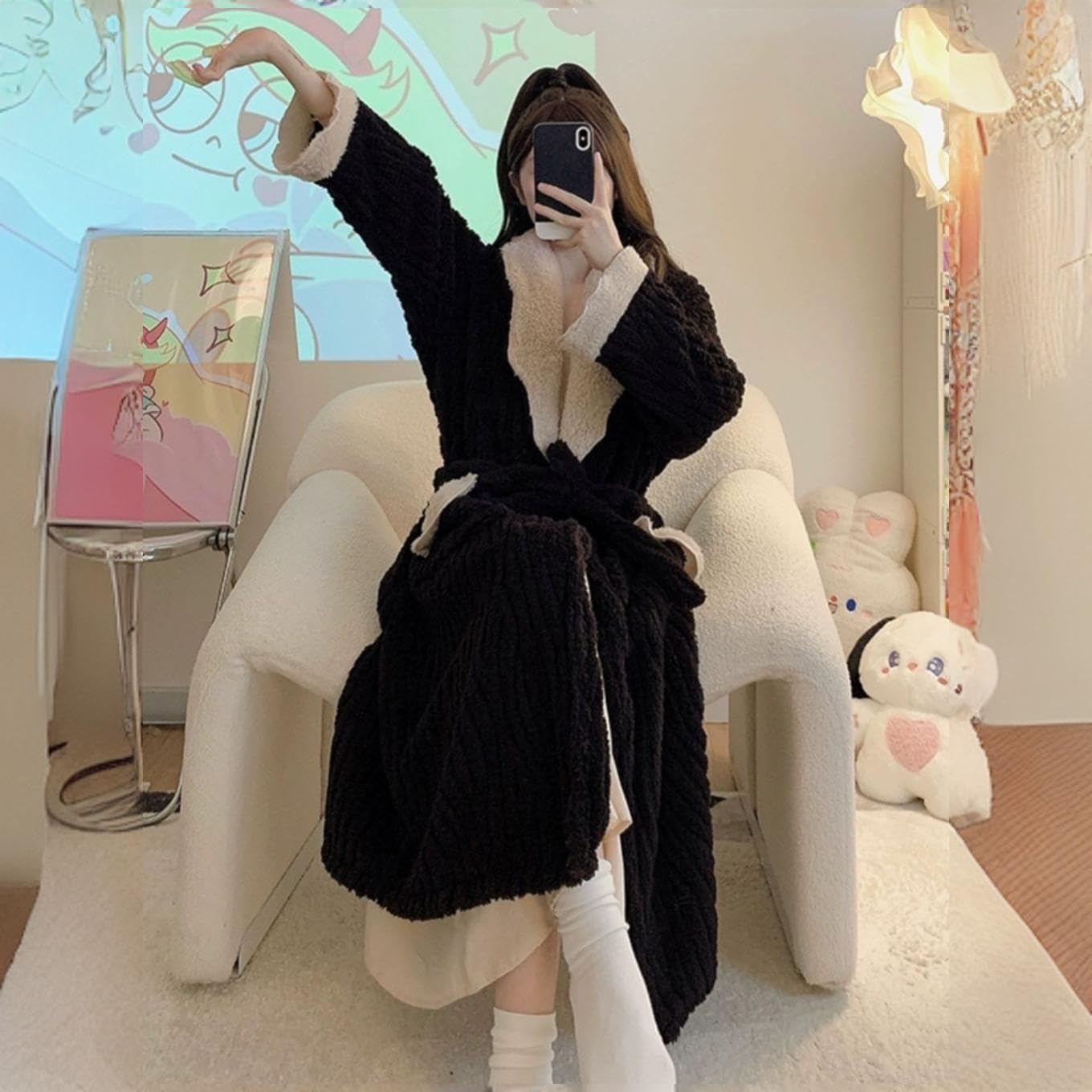 Women's Fleece Robe, Warm Sherpa Collar Bathrobe with Pants, Cozy Winter Loungewear, Black