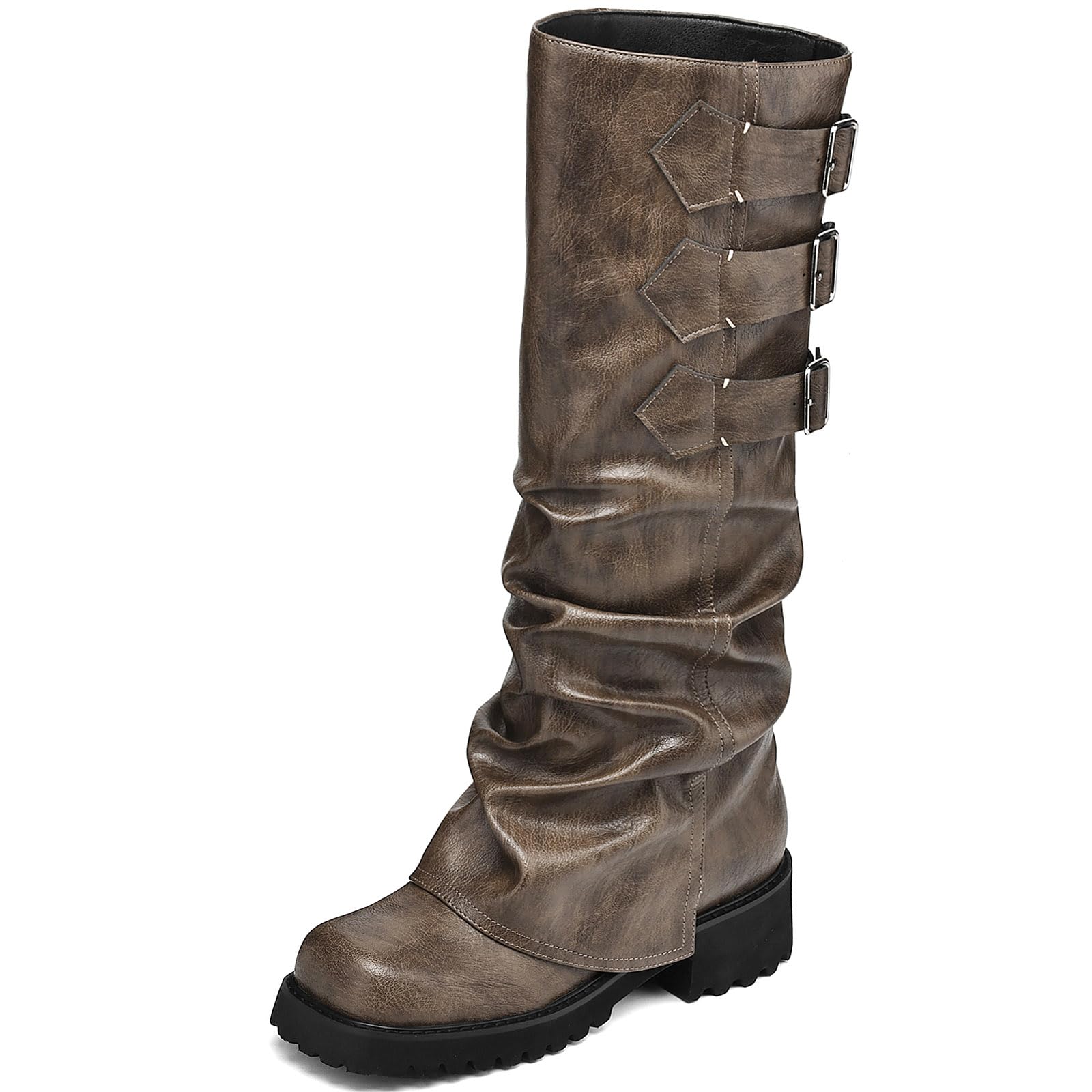 AIUNIIND Knee High Boots for Women Fold Over Boots Slouchy Square Toe Biker Boots Platform Riding Boots Gothic Moto Buckle Boots