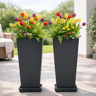 FENCY Set of 2 24 Inch Tall Outdoor Planters, Weatherproof Tapered Pots with Drainage Trays for Patio Garden Porch - Black