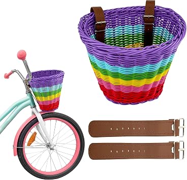 Gify Kids Bike Basket Front, Handwoven Wicker Rainbow Bicycle Basket for Girls, Colorful Large-Capacity Toddler Bike Accessory with 2 Adjustable Leather Straps for Scooters and Tricycles