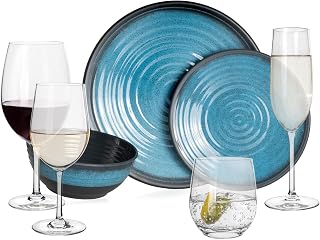 Vajilla de melamina para camping, 4 personas, color azul piedra + 16 vasos de agua Tiamo copas de vino, copas de champán, vajilla de pícnic, barbacoa