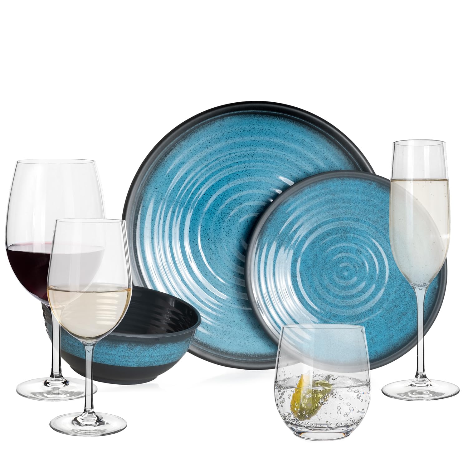 Vajilla de melamina para camping, 4 personas, color azul piedra + 16 vasos de agua Tiamo copas de vino, copas de champán, vajilla de pícnic, barbacoa