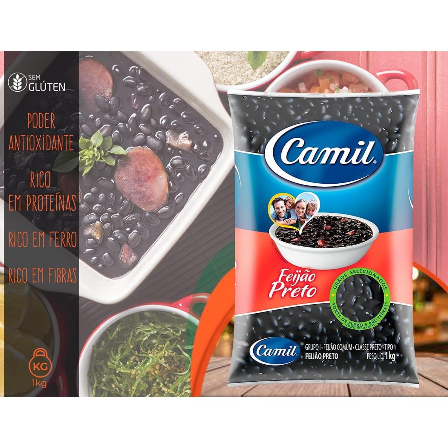Camil Feijão Preto 1 kg con adhesivo Kajal | Frijoles negros de alta calidad de Brasil | Perfecto para platos tradicionales como feijoada y ensaladas, fibra, vegano y sin gluten