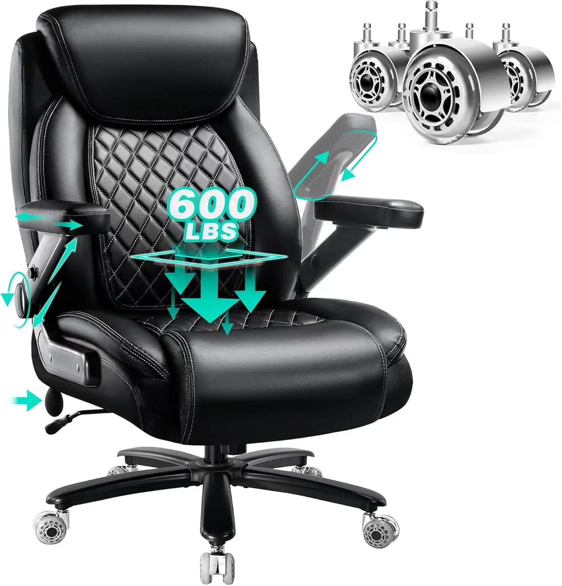 600LBS Large Heavy Duty Office Chair with 5D Flip Arms,Comfy Big and Tall Executive Office Desk Chair with Pocket Spring Cushion,High Back Computer Chair with Lumbar Support,Dual Rubber Wheel