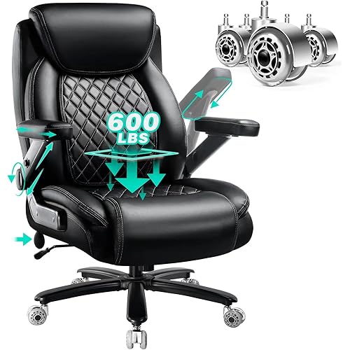 600LBS Large Heavy Duty Office Chair with 5D Flip Arms, Comfy Big and Tall Executive Office Desk Chair with Pocket Spring Cushion,High Back Computer Chair with Lumbar Support,Dual Rubber Wheel