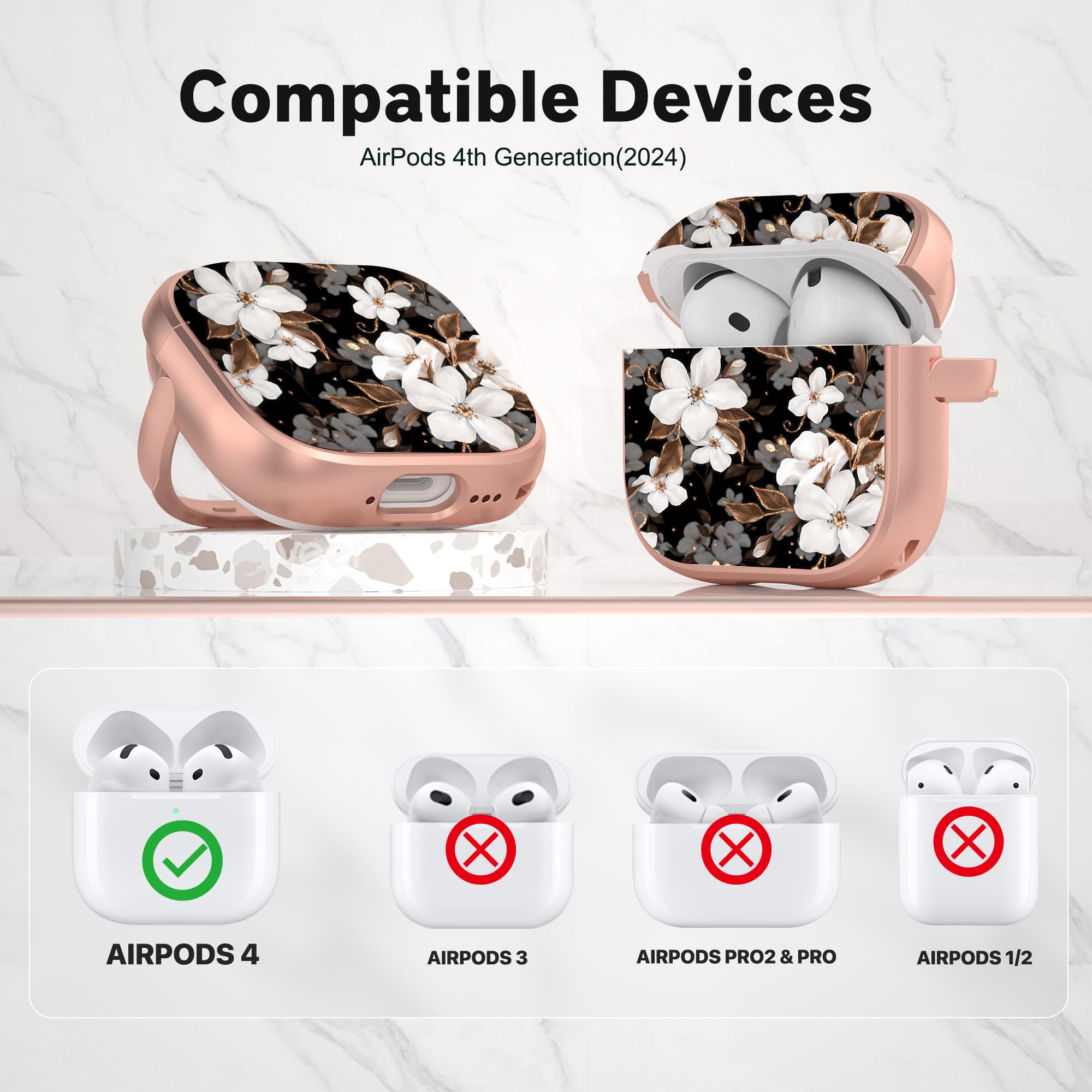 Maxjoy for AirPods 4 Case with Safety Lock, Cute Flower AirPod 4th Generation case Lock Hard AirPod 4 Cover for Women Girly with Keychain for AirPods 4th Generation Cover 2024, Floral