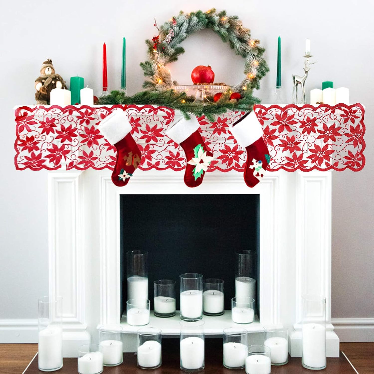 Christmas Table Runner with Red Leaves, Christmas Runner for Table Holiday Table Runner Christmas for Christmas Holiday Party Home Kitchen Indoor Outdoor Decorations, 13 X 72 Inch