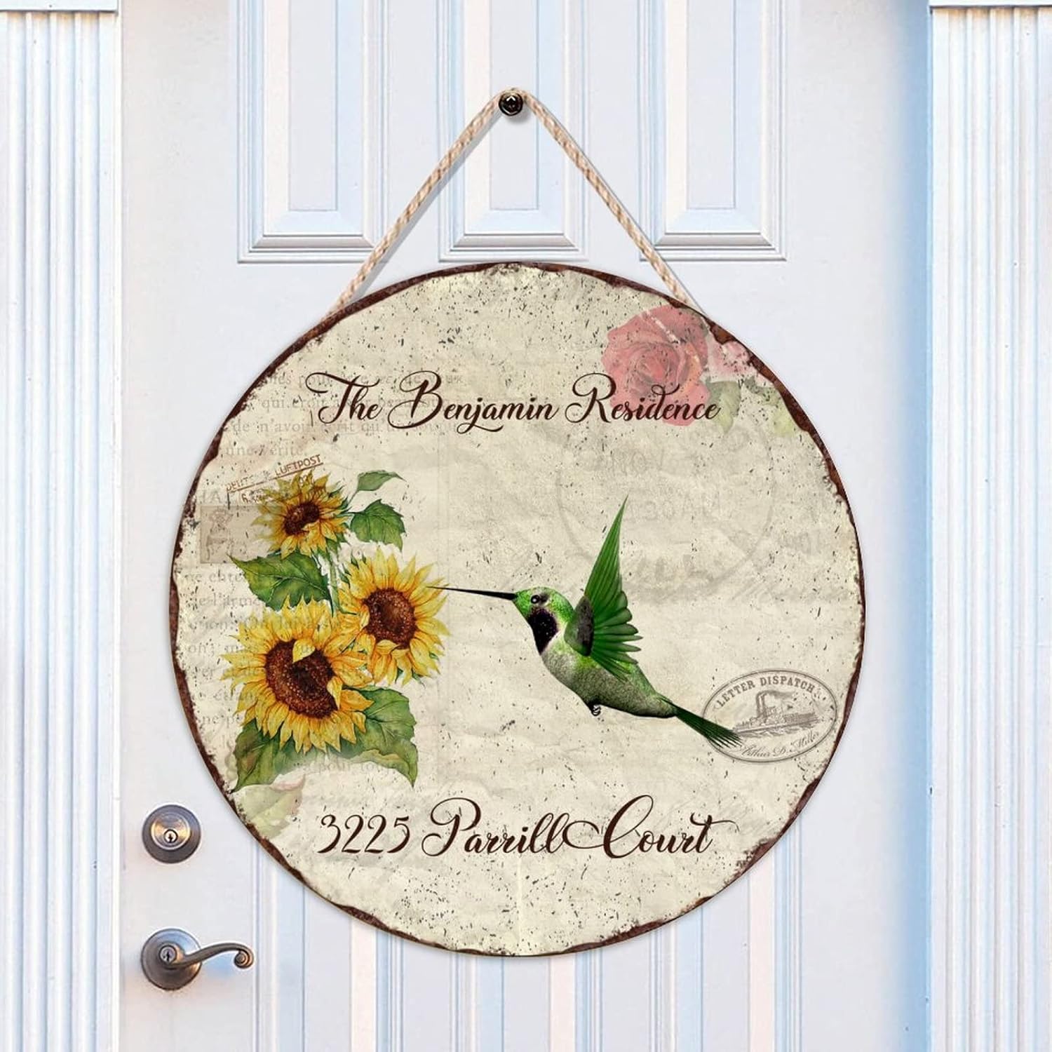 Custom Name Home Address Hummingbird Wood Door Sign, Hummingbird Front Door Round Wood Sign, 18" x18" Wall Hanging Sign Plaque Rustic for Front Door Entryway Porch Bar Pub Housewarming Gifts