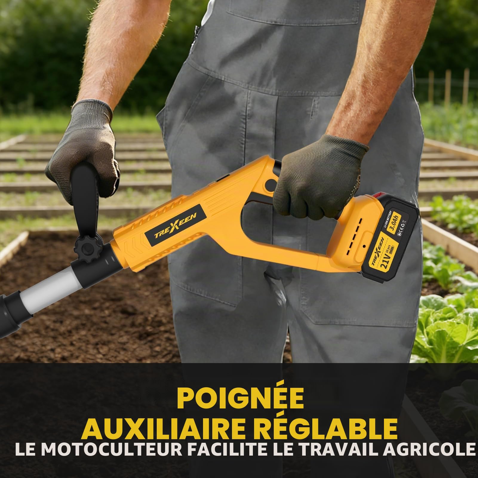 Motobineuse Électrique sans Fil, TREXEEN Bineuse Électrique sans Fil Puissant avec 2 x 3,0 Ah Batteries, 360 TR/Min, Largeur de Travail 20 cm, Profondeur 16 cm, pour Pelouse Jardin Travaux du Sol