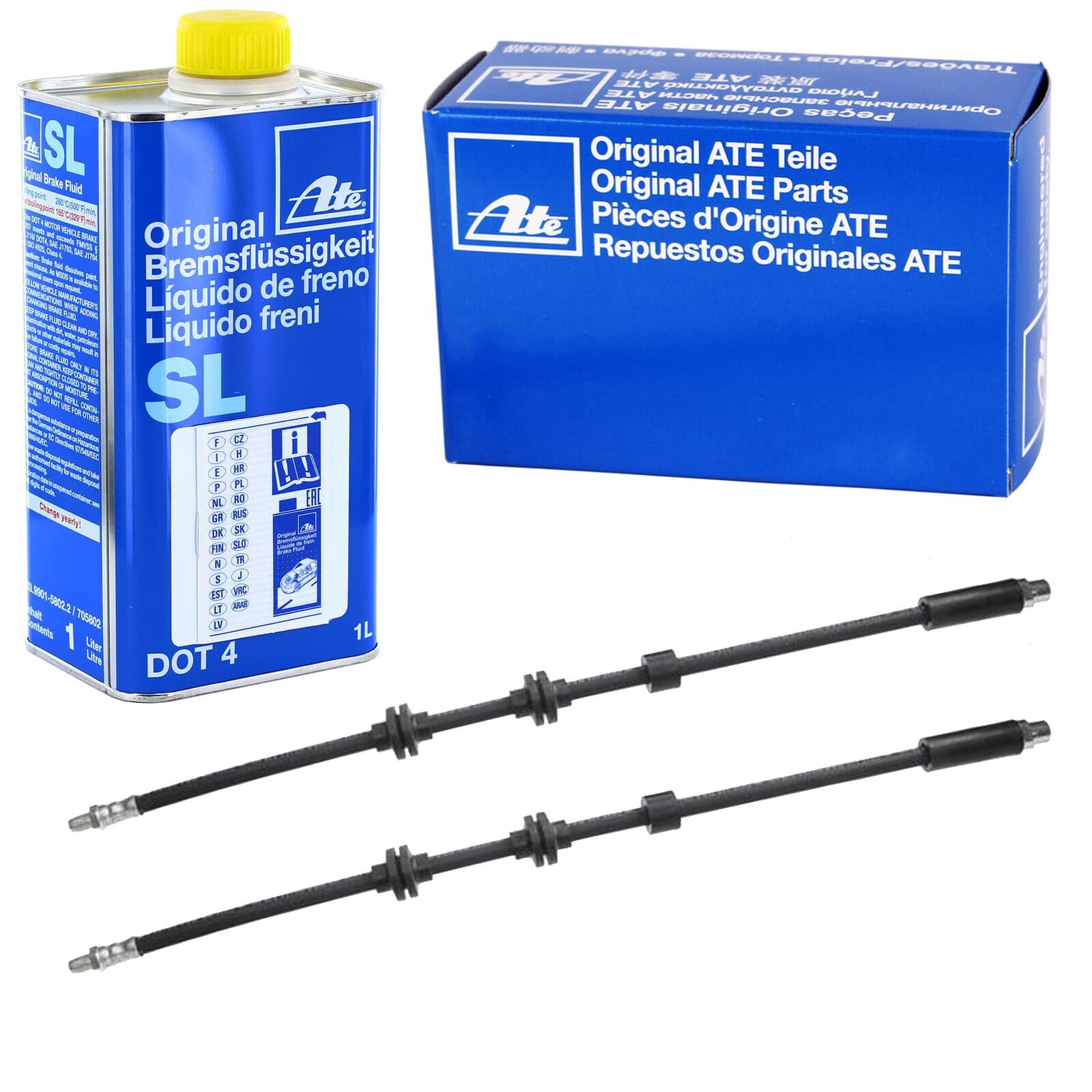 2xATE Bremsschlauch Va+1L ATE Dot 4 | 2x 24.5174-0526.3 [331365]+03.9901-5802.2 passend für 1er E81 3er E90 E91 E92 E88