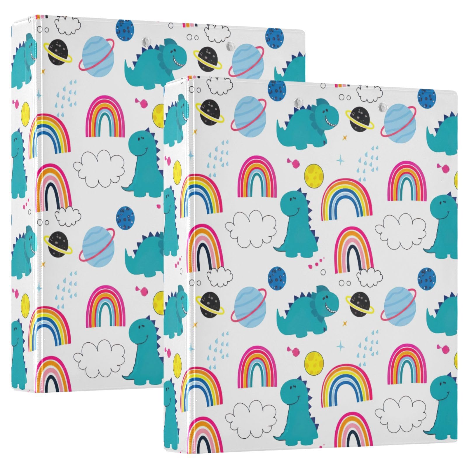 Cute Dinosaurs Rainbows White 3 Ring Binder, Flexible D Ring Binder with Pockets, 3 Ring Binders for School, College, Office (2 Pack)