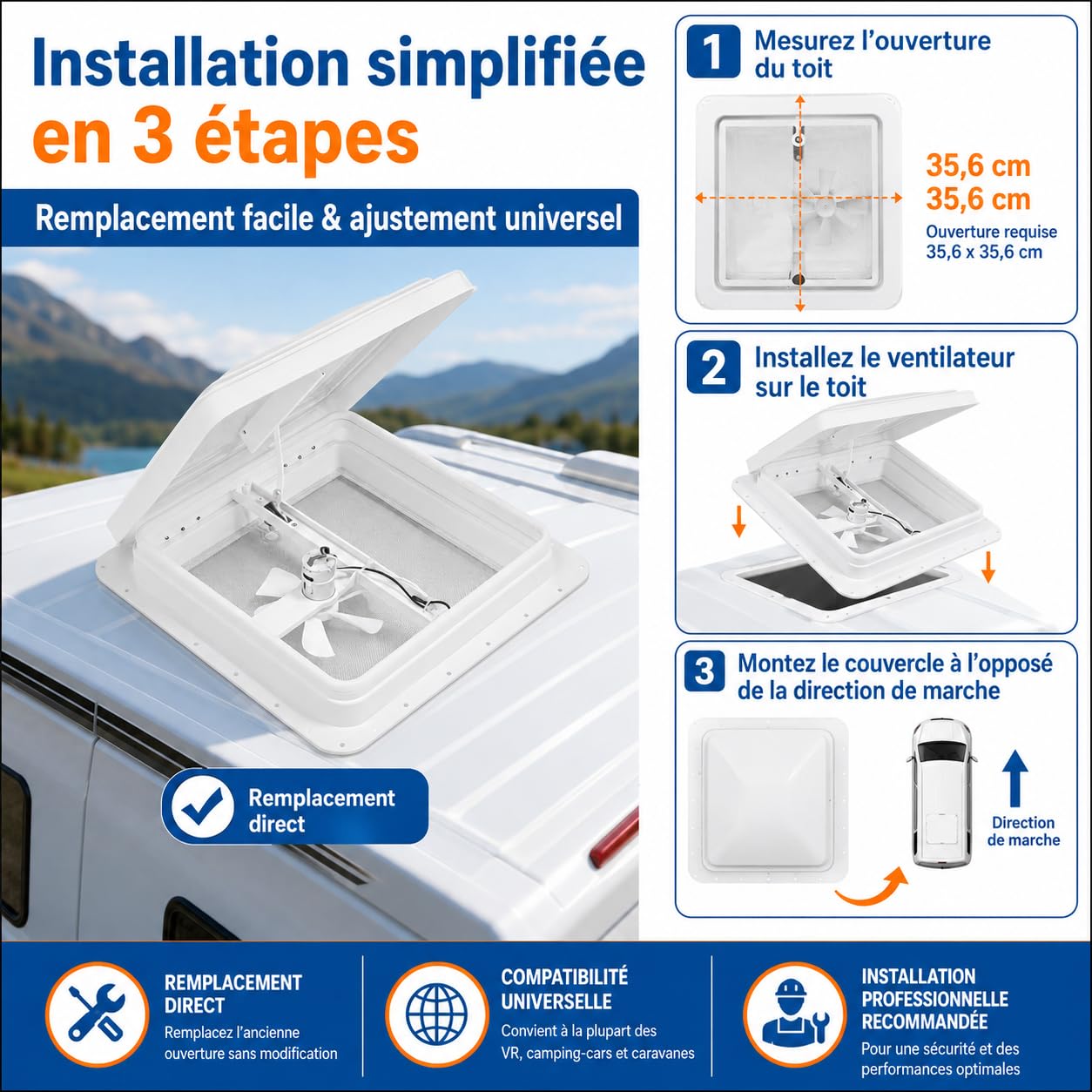 Lanterneau Camping Car 42 x 42 cm, Fenetre Camping Car Avec Moustiquaire et ventilateur intégré, Pour Ouvertures de 14 x 14 pouces, Caravane, camion, Camionnette (Blanc)