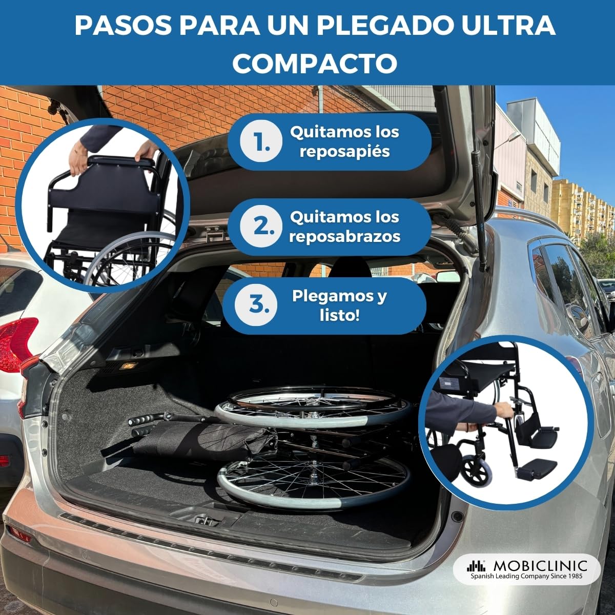 Mobiclinic®, Silla de ruedas plegable, Autopropulsada, Reposabrazos extraíbles y acolchados, Reposapiés abatibles, Catedral, Freno manual, Sistema subebordillos, Antipinchazos, Resistente