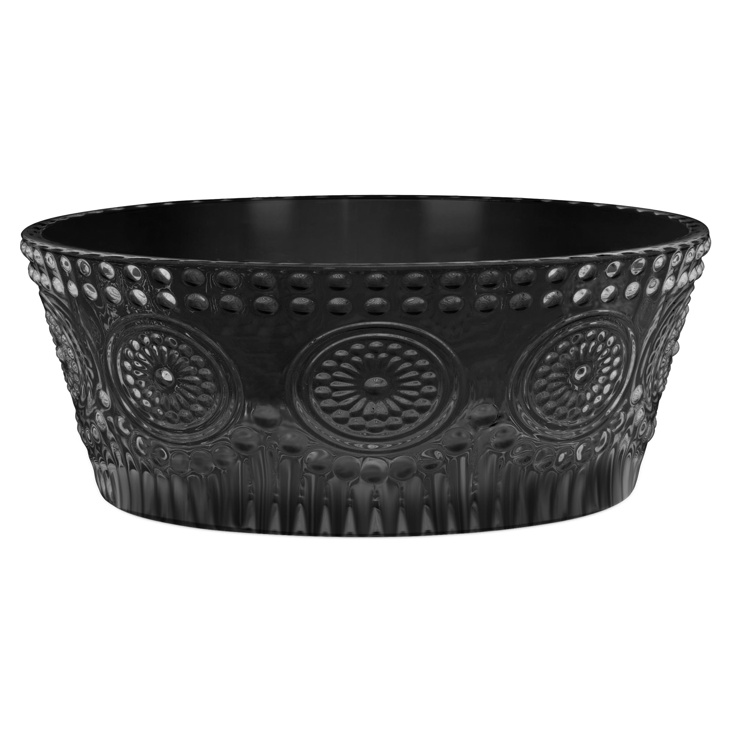 Boston International Vintage-Inspired Glass Serving Bowl with Embossed Floral Pattern for Salad Snacks Dinner, Large 7" x 2.75", Black Codi