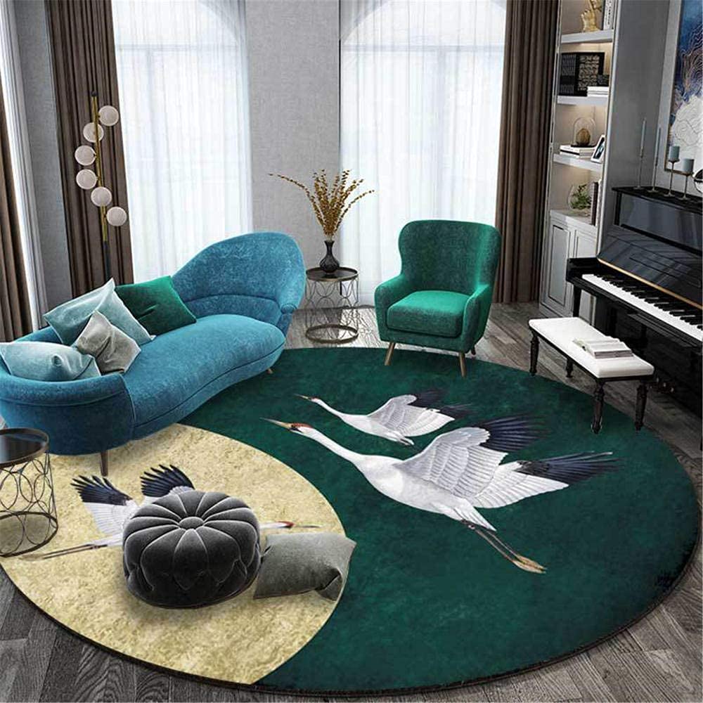 Round Dark Green Rug Oriental Elements Birds Pattern Soft Large Carpet,for Living Room Bedroom Kitchen Cloakroom Bedside Kids Room Mat Golden Yellow-Diameter 120CM