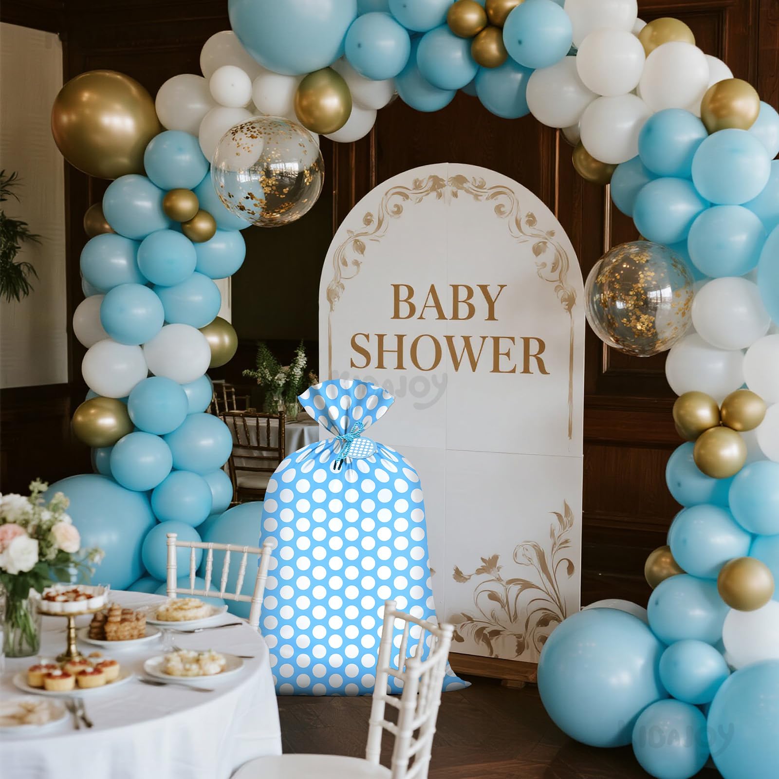 KIDAJOY Extra Large Blue Polka Dot Gift Bags Baby Shower Boys 36x56 Inch Jumbo Plastic Blue and White Gift Bag for Kids Newborn Holiday Happy Birthday Party Favor