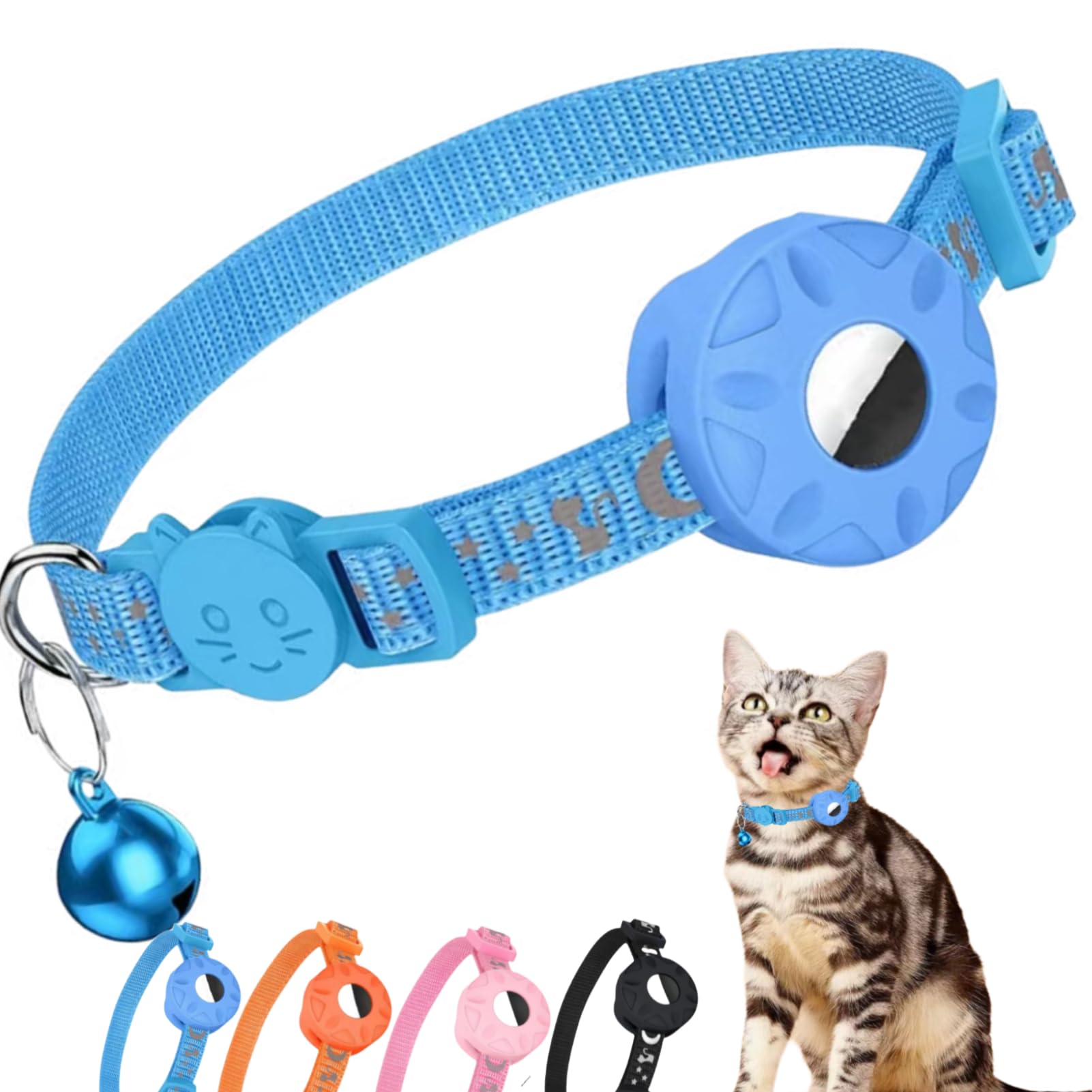 Morbuutii AirTag Cat Collar 1Pack, Breakaway Kitten Collar with Apple Airtag Holder, Reflective Kitty Collar with Bell and Airtag Case for Cats, Cute Pattern and Lightweight (Blue)
