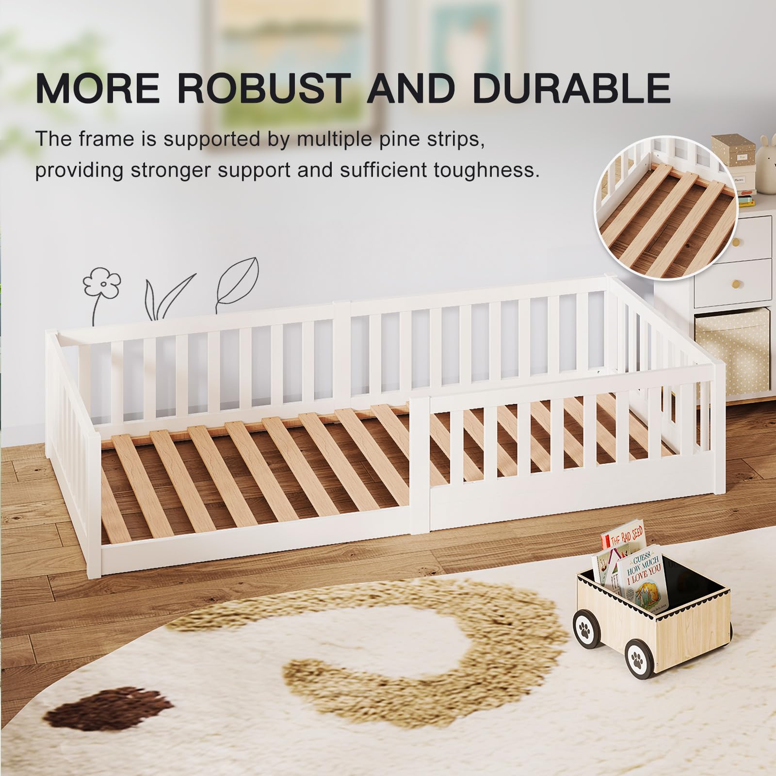 labebe Kinder-Bodenbett 90 x 200, weißes Massivholz-Montessori-Bett mit Sicherheitsgeländer und Lattenrost (Matratze Nicht im Lieferumfang enthalten) Geeignet für Kinder und Babys