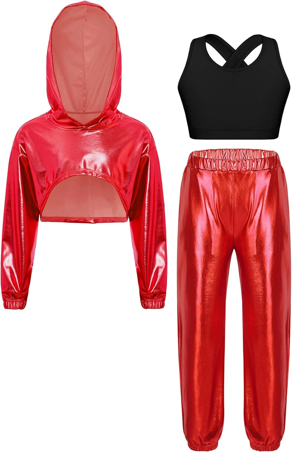 JEYPINMI Big Girls 3 Piece Hip Hop Jazz Dance Outfits Streetwear Cropped Hoodie Tank Top Jogger Pants Set