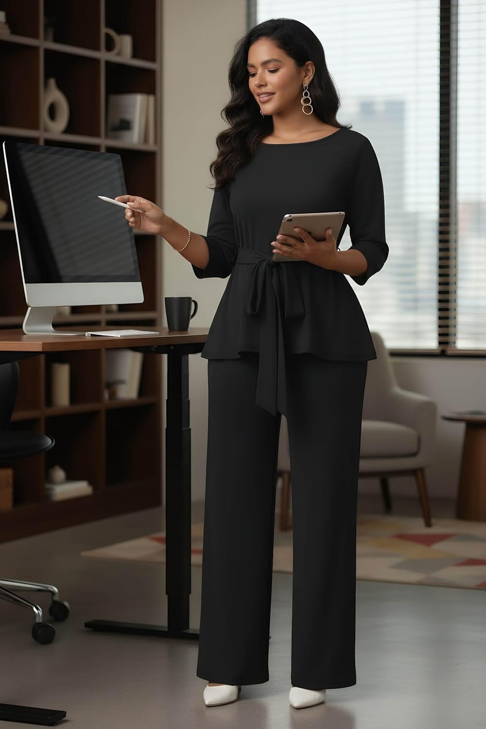 CLOCOR Women's 2 Piece Outfits Suit Set 3/4 Sleeve Peplum Top Flared Pants Sets Business Pantsuits - Image 3