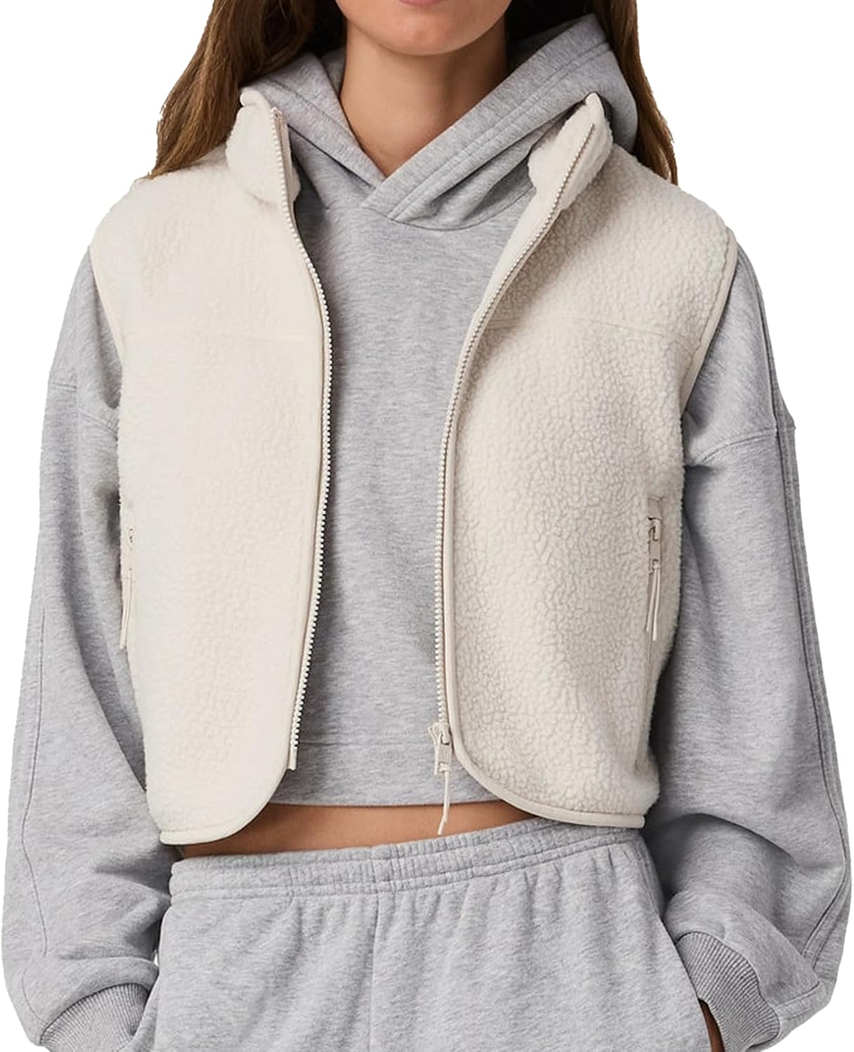 Womens Cropped Fleece Vest Sherpa Vest Warm Fuzzy Fall Jacket Sleeveless Zip Up Waistcoat with Pockets - Image 2