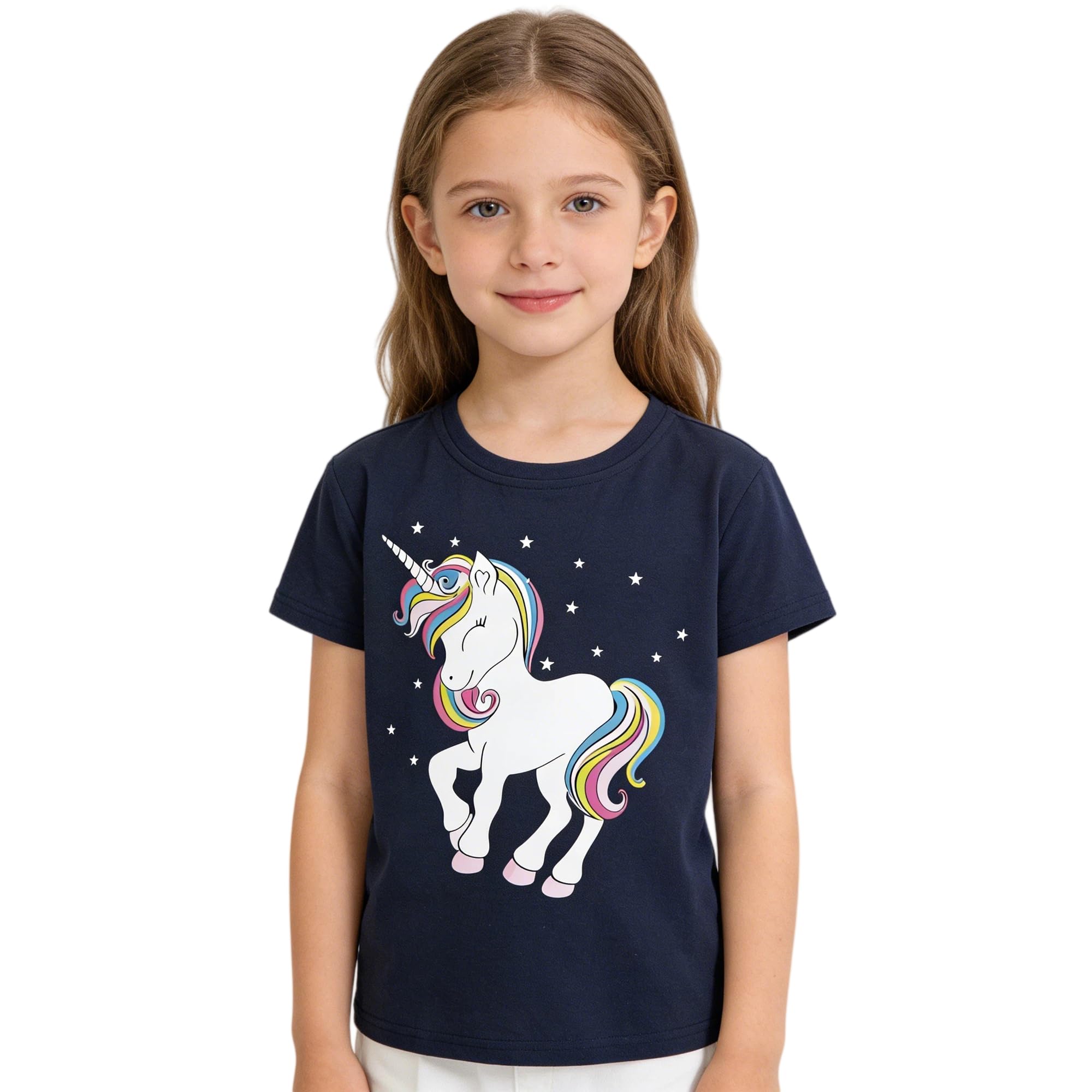 Camisetas de Manga Corta Niñas, Camiseta Algodon para Niña de Verano, Cuello Redondo T-Shirts Moda Informal Tops para Niños 3-8 Años