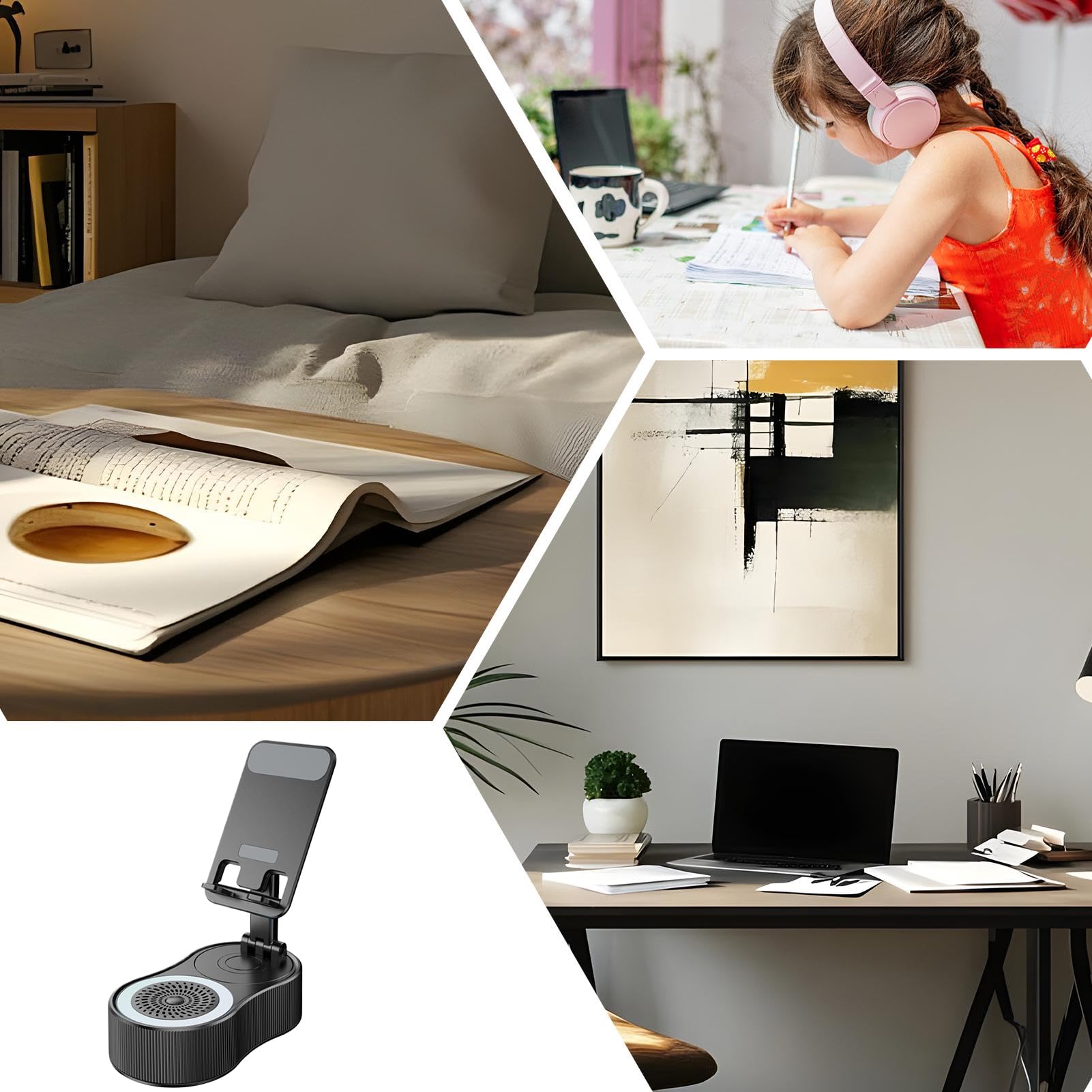 ① ワイヤレス誘導スピーカー　ブラック　スマホホルダー　LEDライト付き　未使用 ① ワイヤレス誘導スピーカー ブラック スマホホルダー LED