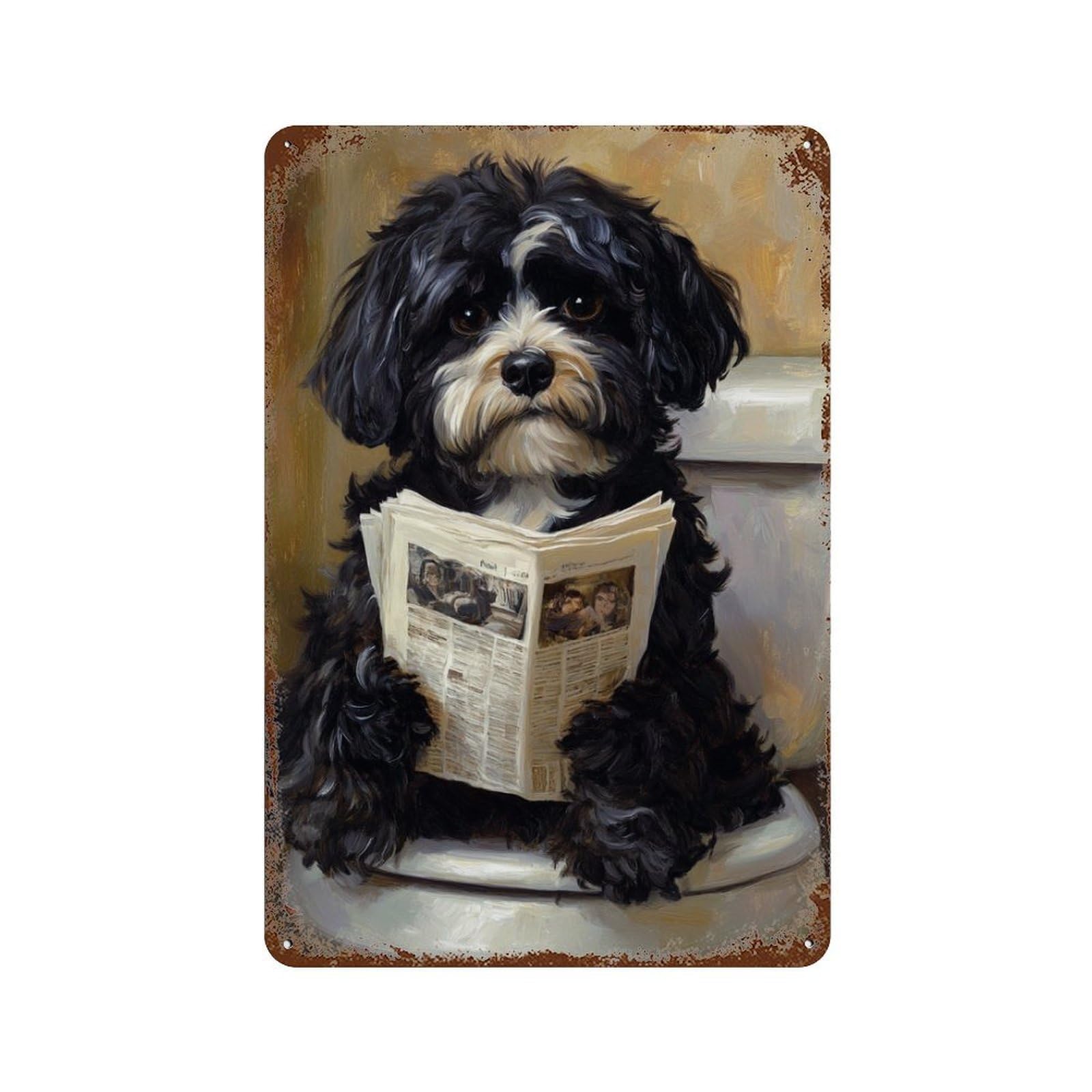 Garage Style Dog Reading Newspaper on Toilet Decorative Tin Sign 11.8"x7.9", Novelty Wall Decor for Bar And Workshop