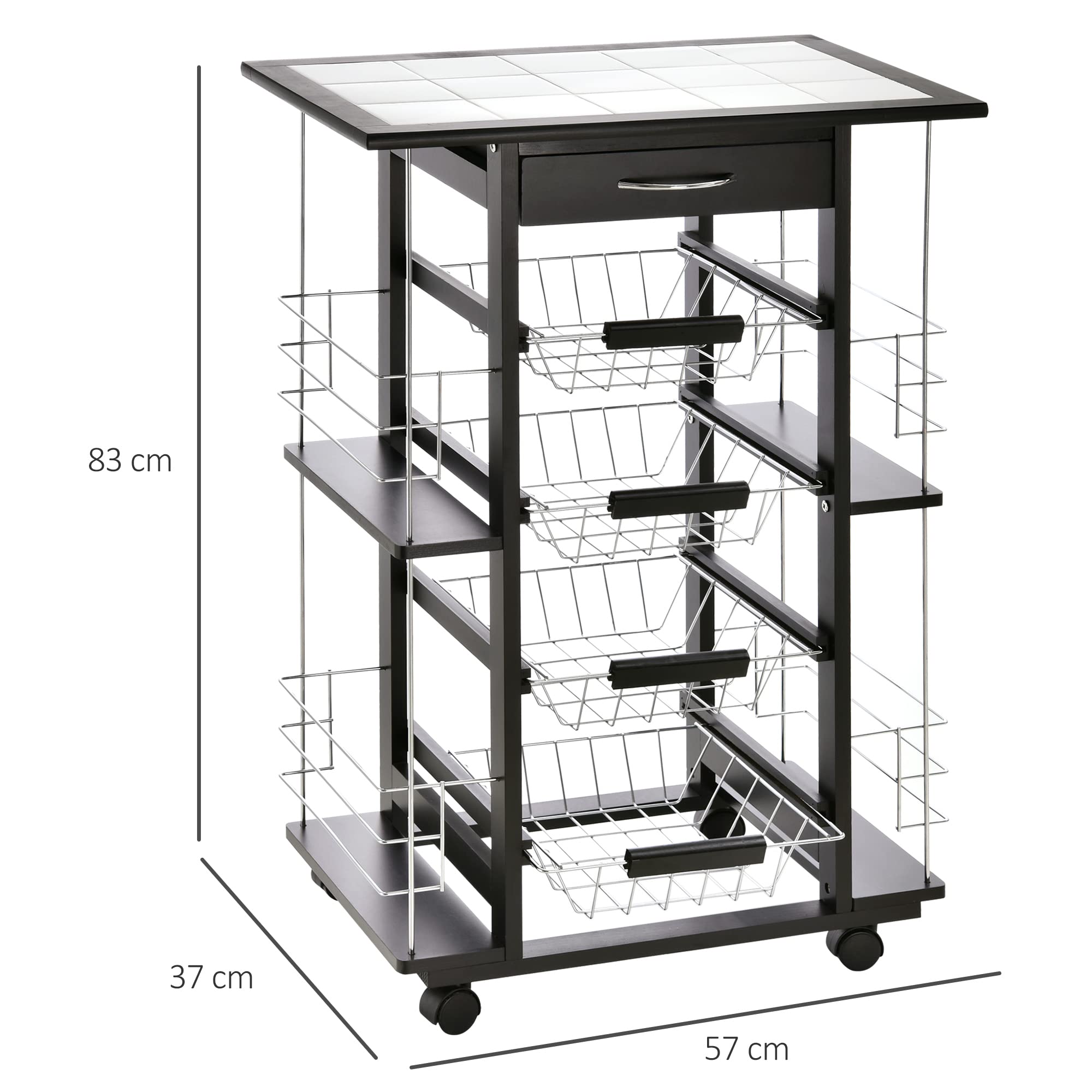 HOMCOM Carro de Servicio de Cocina con Ruedas, multialmacenamiento, 4 cestas de Metal cajón + 4 Botellas, Madera de Pino Negro, Bandeja de baldosas, Color Blanco