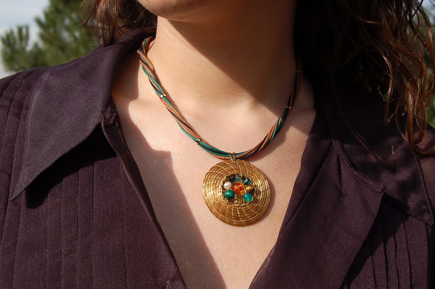 Conjunto Mandala Oro Vegetal 45 mm con Malaquita, Ojo de Tigre y Cristales