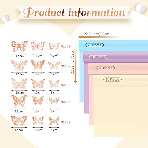 Miniatura 2 de Jetec Juego de 320 piezas de papel de regalo de flores, 200 hojas de papel de regalo floral con 120 piezas 3D de mariposa dorada para decoración de