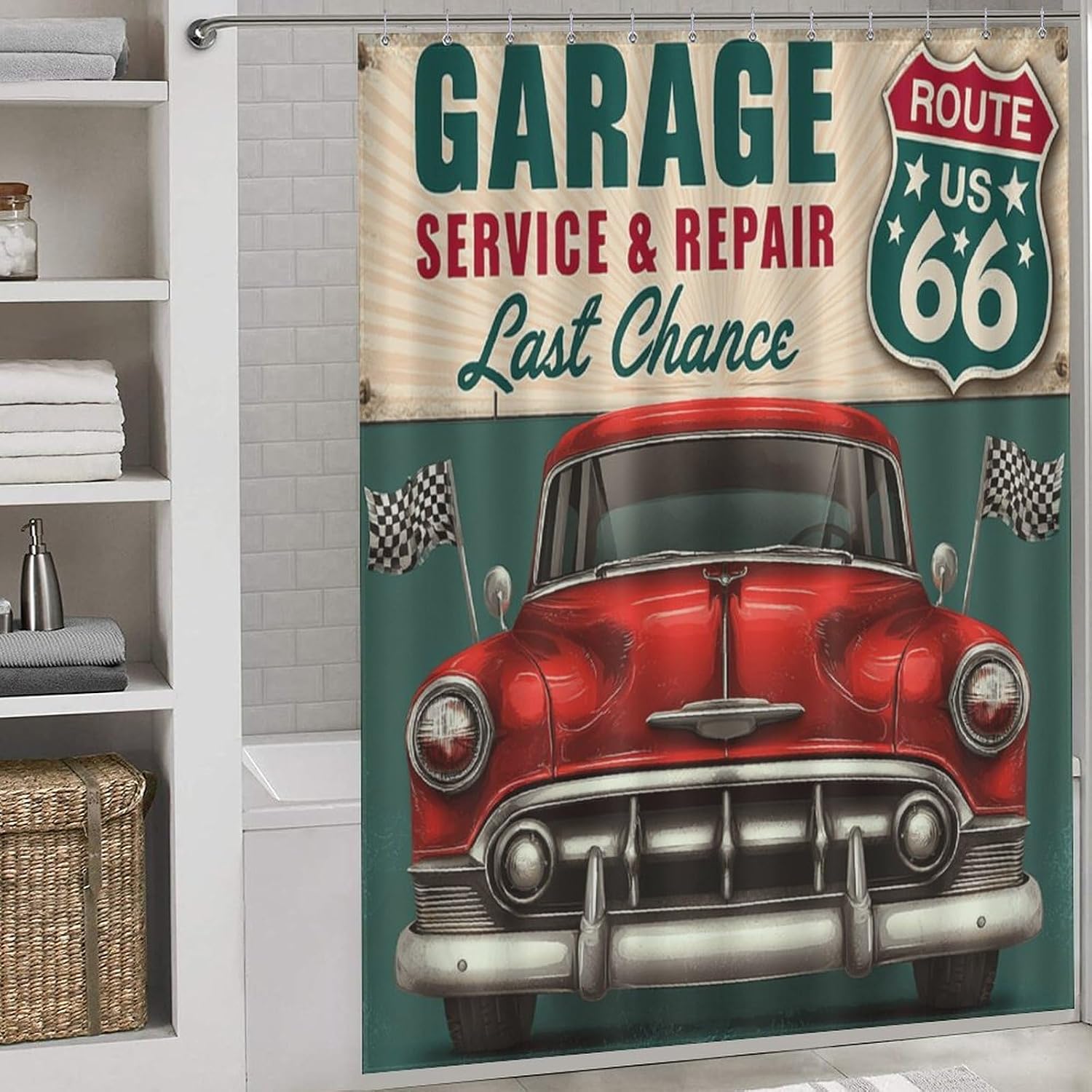 Route 66 Road Shower Curtain, Retro Vintage Garage Man Classic Car Rustic Country Waterproof Fabric Bathroom Boys Men Teen Shower Curtain Set with Hooks, 72"x72" image 2