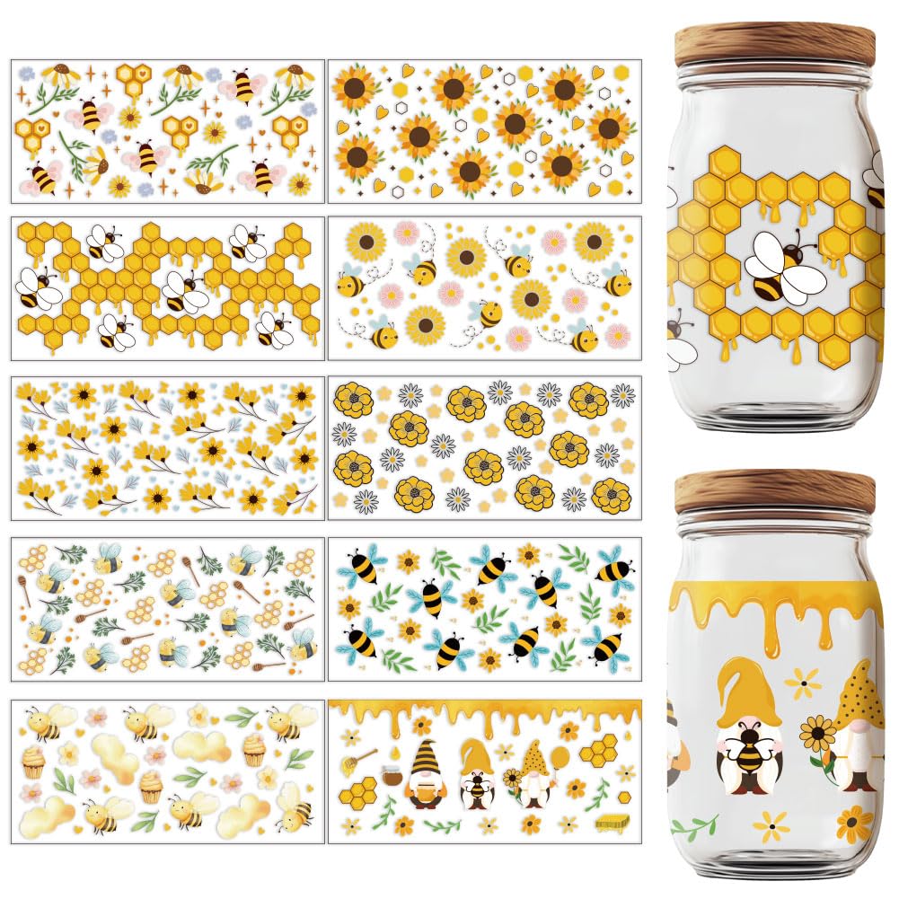 GOMAKERER 10 Sheets Bee Theme UV DTF Wraps, Clear Print UV DTF Cup Wraps Waterproof Rub on Transfer Stickers Decal for 16 Oz Glass Cups Mugs Container Decor