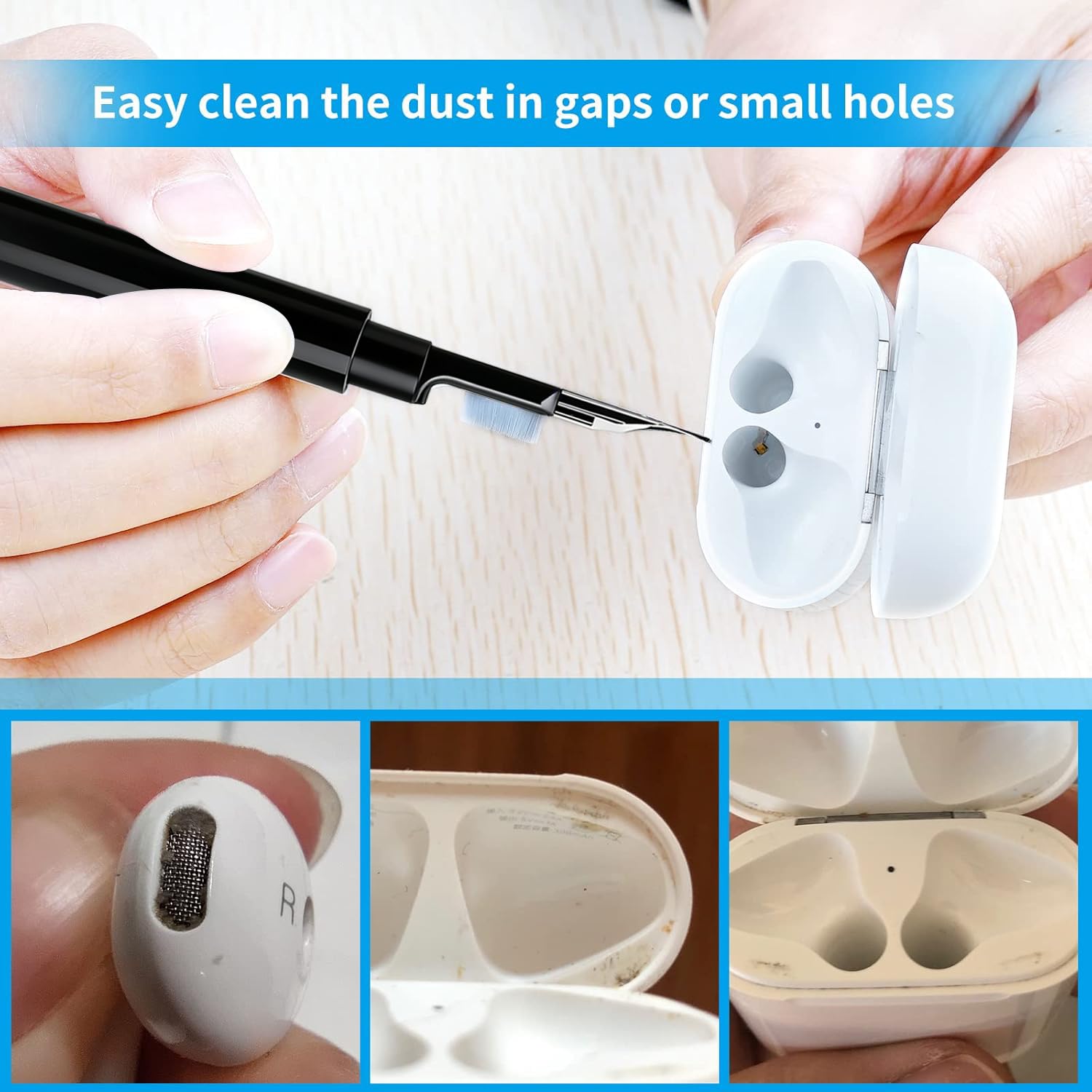 Earphone Cleaner Cleaning Kit, New Generation Earpods Cleaner kit, Multifunctional Earbuds Cleaning Pen for Headphones Earphones Keyboards Camera Lens Cell Phones - Black — view 4