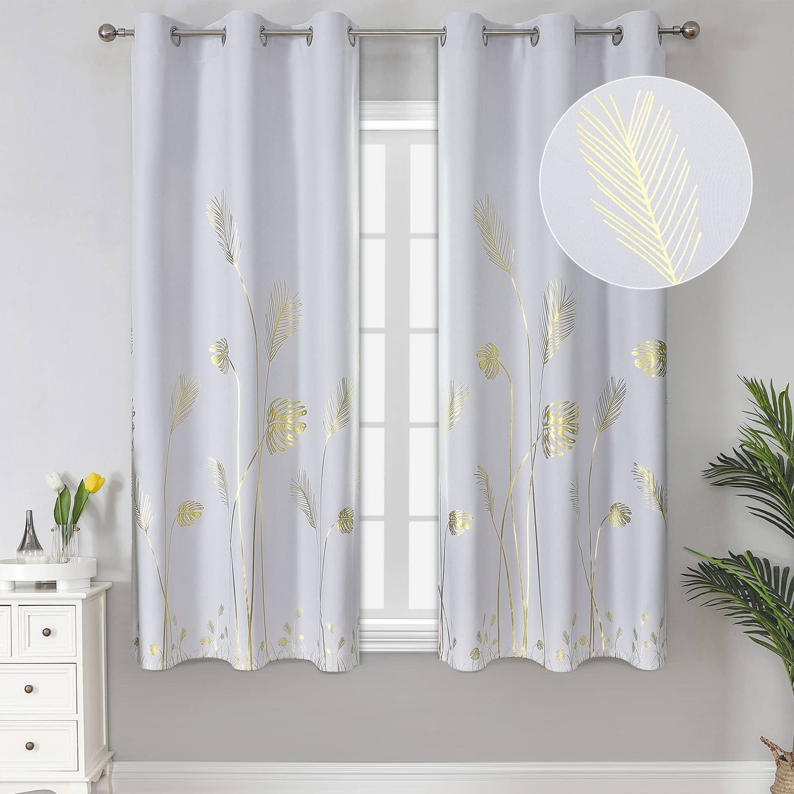 Estelar Textiler Greyish White Curtains with Gold Palm Leaf Printed Pattern, Energy Saving Noise Reducing Curtains, Room Darkening Thermal Insulated Drapes for Bedroom, 38Wx63L, 2 Panels