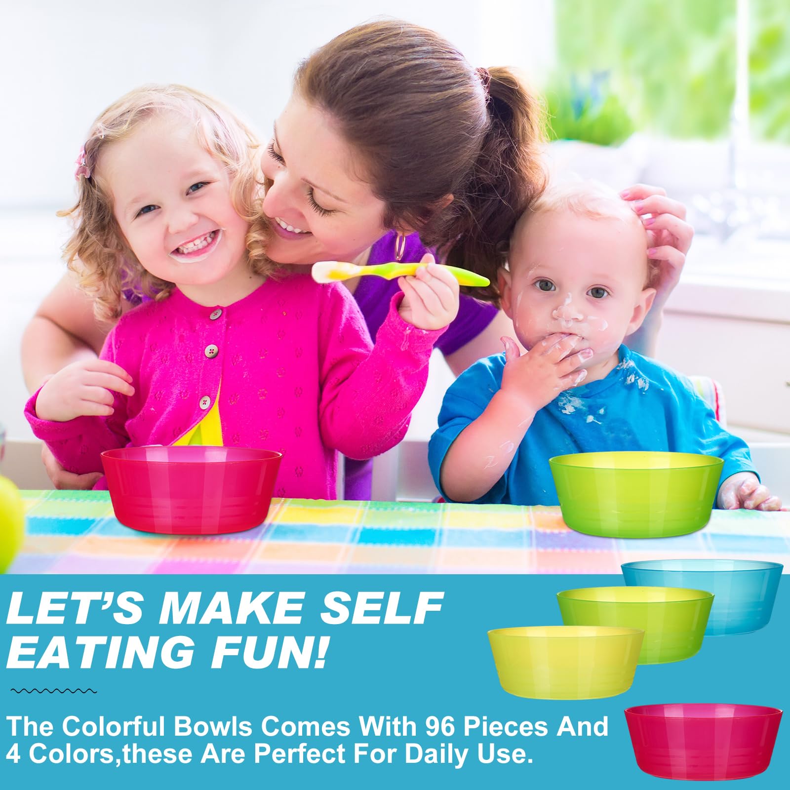 Dandat Juego de 96 cuencos de plástico de 14 onzas, cuencos de plástico de colores brillantes para cereales, aptos para lavavajillas, microondas, cuencos para aperitivos, cuencos para niños,