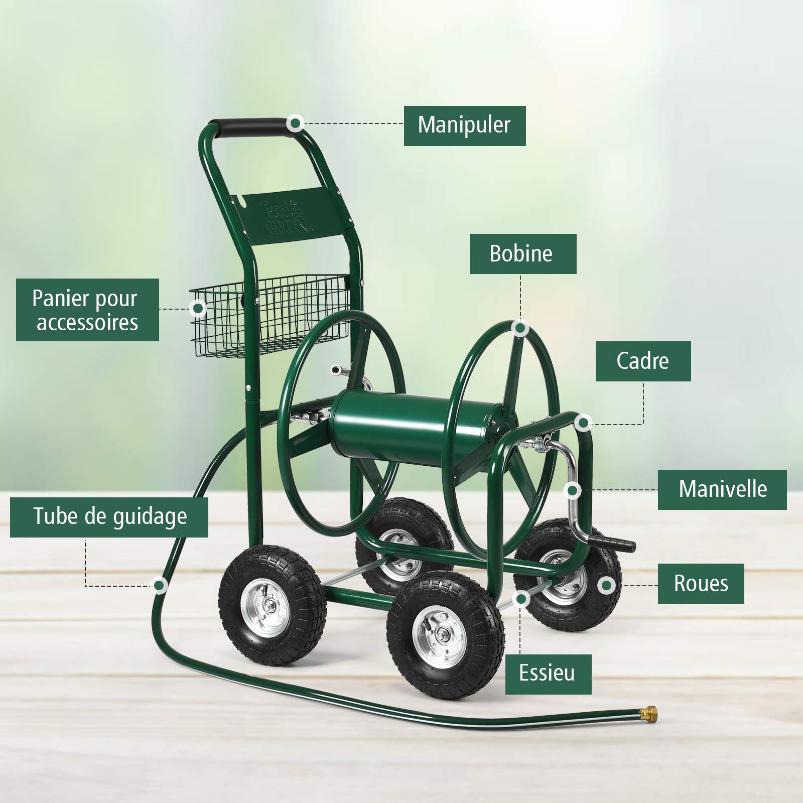 GOPLUS Chariot Dévidoir pour Tuyau d’Arrosage pour Jardin, avec Panier de Rangement, Cadre Métallique Robuste, 95 x 62 x 113CM, Vert