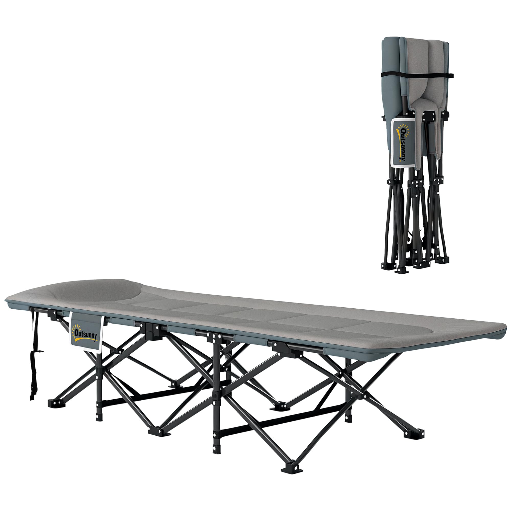 Outsunny Lettino da Campeggio Pieghevole con Cuscino Integrato e Tasca Laterale, Brandina da Campeggio in Metallo e Poliestere, Resistente a 150 kg, 187x67x37 cm, Grigio