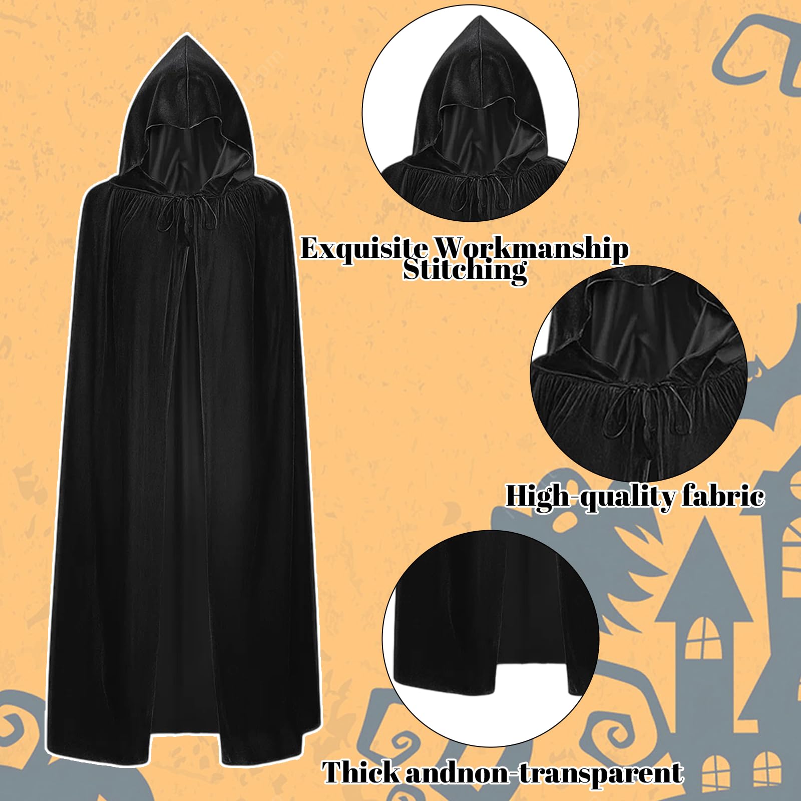 5 Pcs Grim Reaper Costume, Halloween Costume Set including Black Cloak, Skeleton Mask, Gloves, Scythe and Lace Eye Mask - Image 3