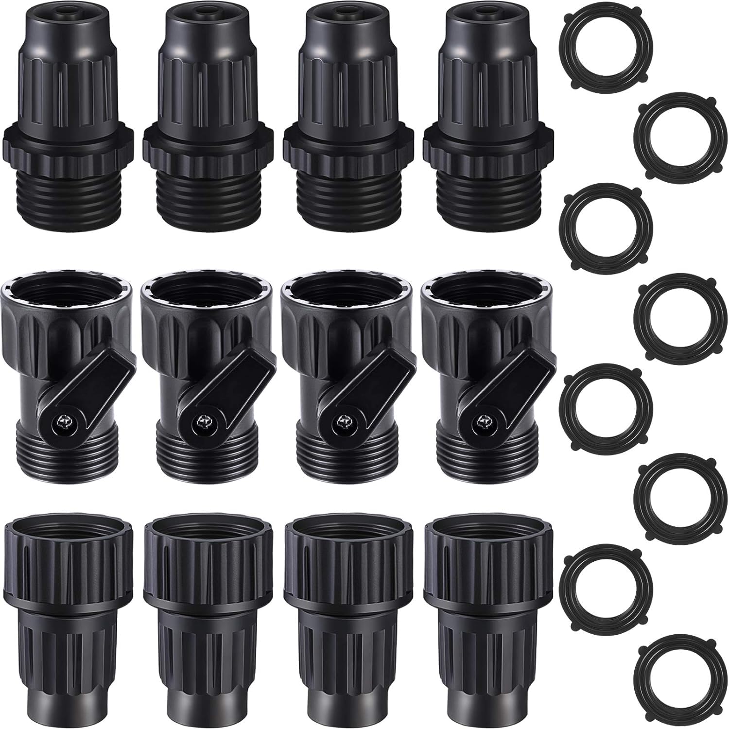 melala 4 Sets Garden Expandable Hose Repair Kit, Faucet Adapter Hose Female Male Connectors with 4 Pieces Hose Shut Off Valve and 8 Pieces 3/4 Inch Rubber Gaskets