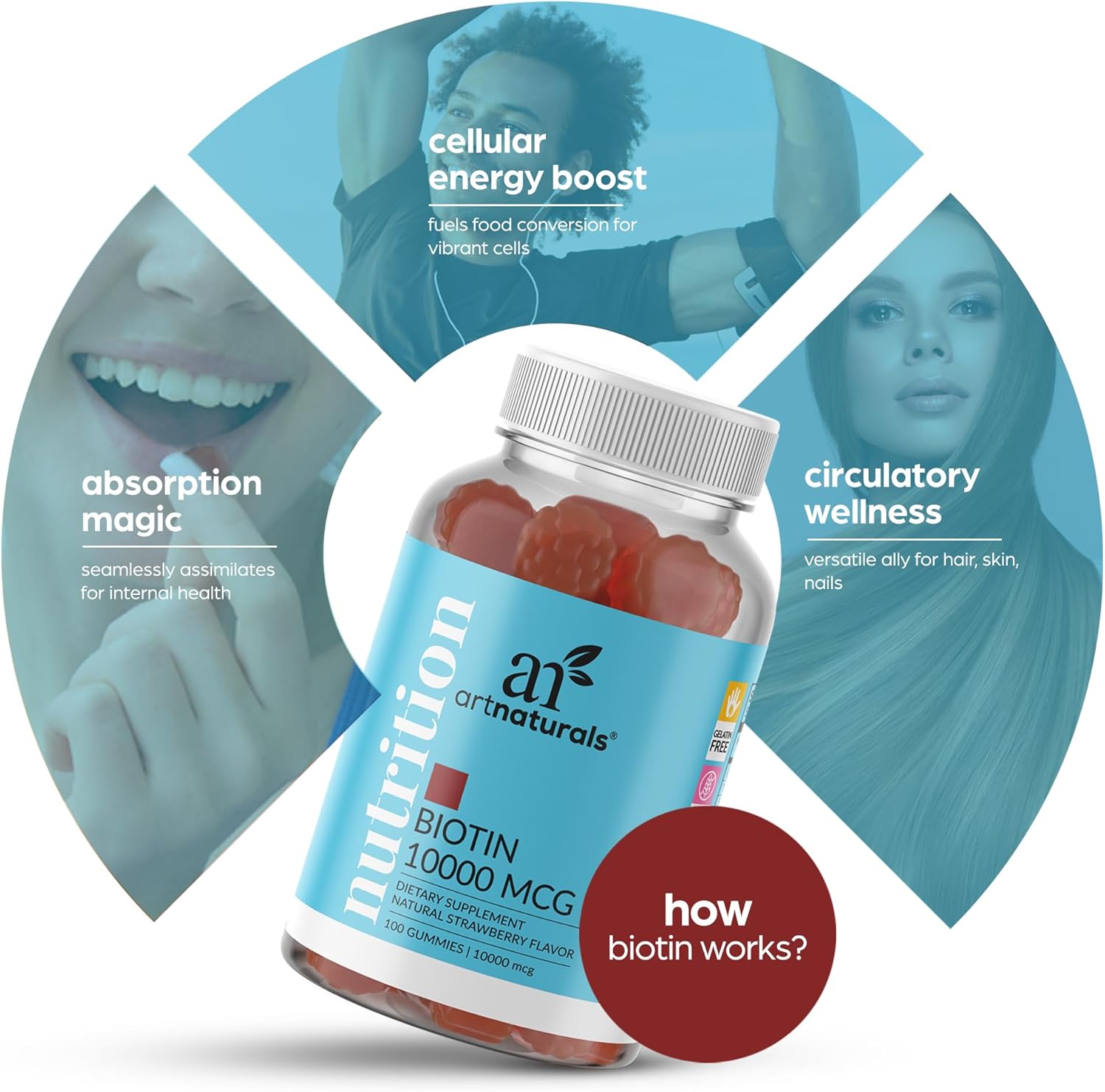 Artnaturals Biotin Gummies for Hair Growth - (100 Gummies - 10000mcg) - Natural Strawberry Vitamins Supports Nails and Skin - Gelatin, Gluten, Nut and Egg Free - Image 4