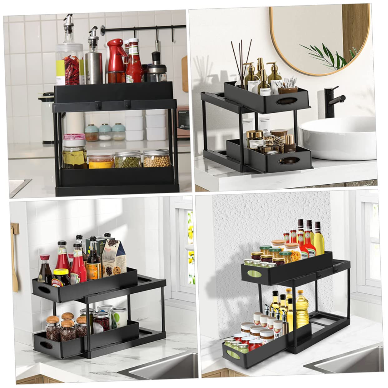 LABRIMP Organizador Productos de Limpieza Extraíble para Debajo del Fregadero, 2 Niveles, Abs Negro, Diseño Deslizante, Adecuado para Baño y Cocina