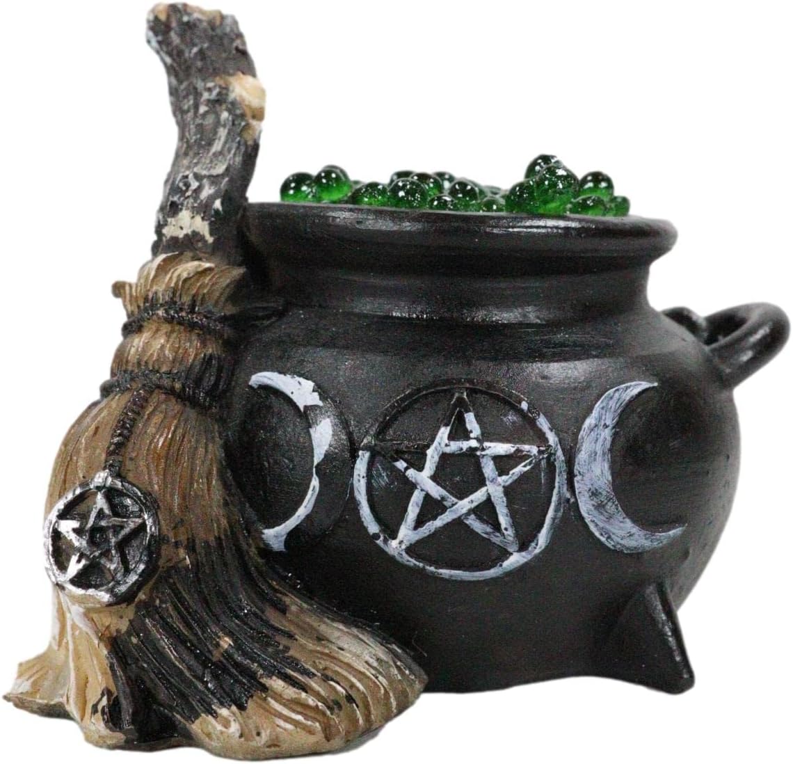 Ebros Gift Small Wicca Triple Moon Symbol with Pentagram Star Hocus Pocus Cauldron and Magical Broomstick with Colorful LED Night Light Feature Feminine Goddess Occult Wiccan Halloween Accent
