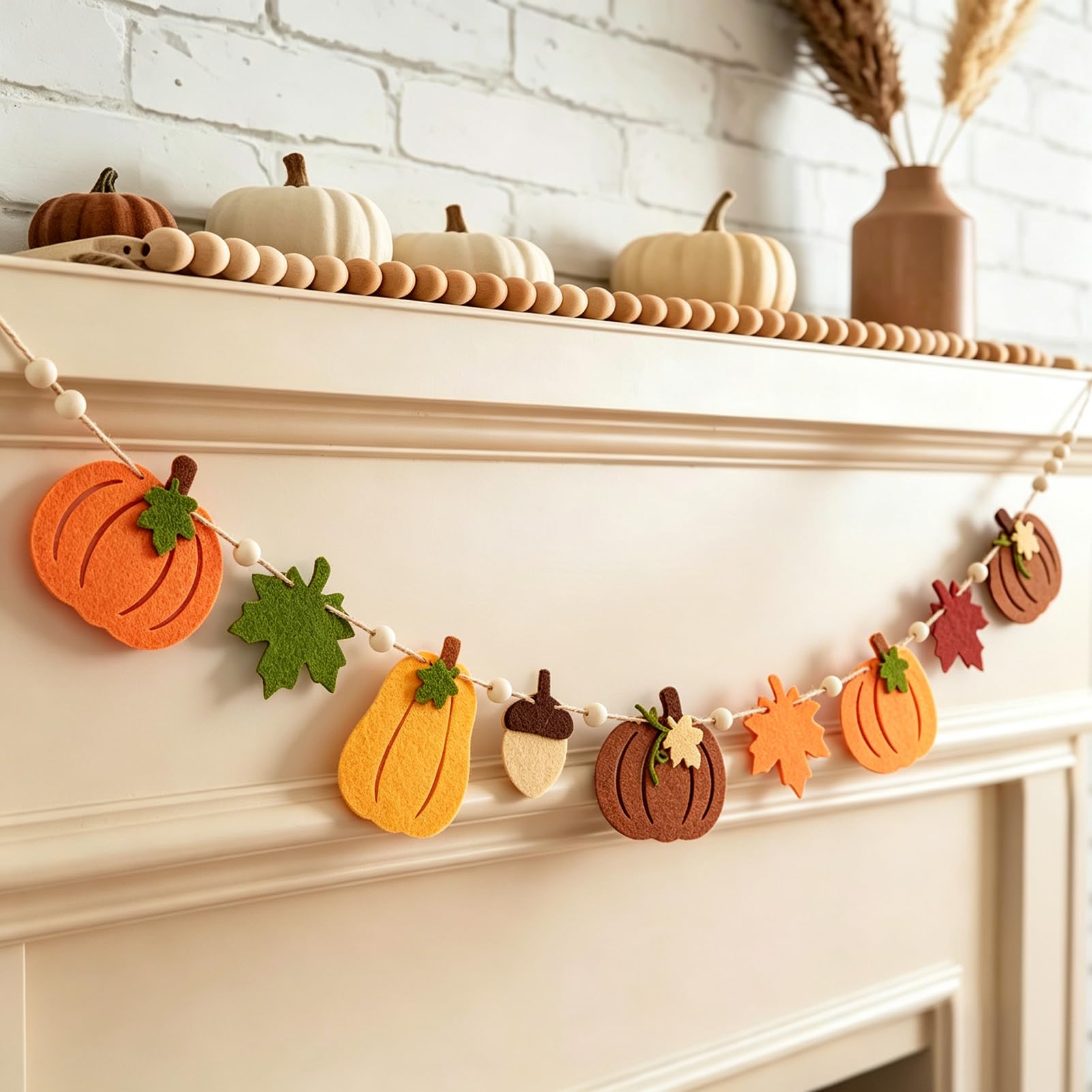 SUNBEAUTY Autumn Decoration 6.65ft Felt Pumpkin Garland Wood Beads Bunting