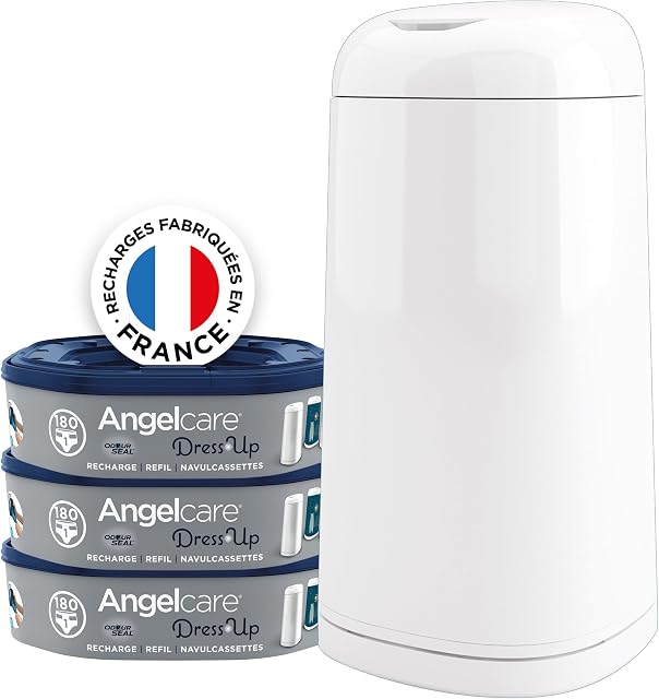 Angelcare Kosz na pieluchy + 3 opakowania uzupełniające zapobiegające zapachom, wysoka pojemność, antybakteryjny, łatwe użytkowanie, biały
