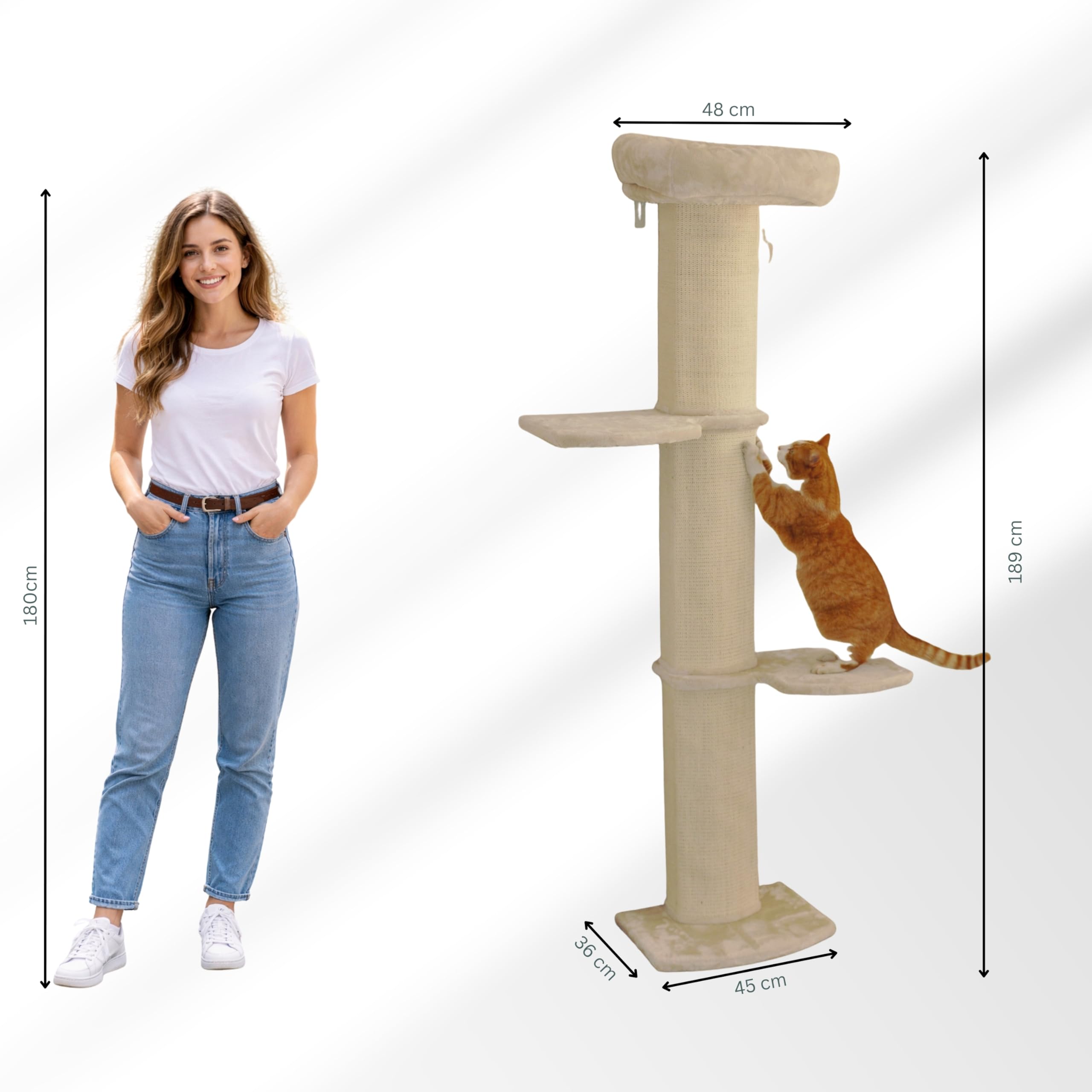 nanook Wandkratzbaum Kratzbaum Stella 186 cm - Katzenbett und Sisalsäulen - Wandmontage - beige