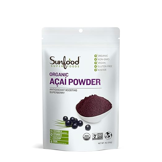 Sunfood Superfoods Organic Acai Powder - Acai Powder Organic, Acai Powder for Smoothie Bowles, Dried Acai Berry Mix with Antioxidants & Vitamin C, 100% Pure, USDA Organic, Non GMO - 4 Oz Bag